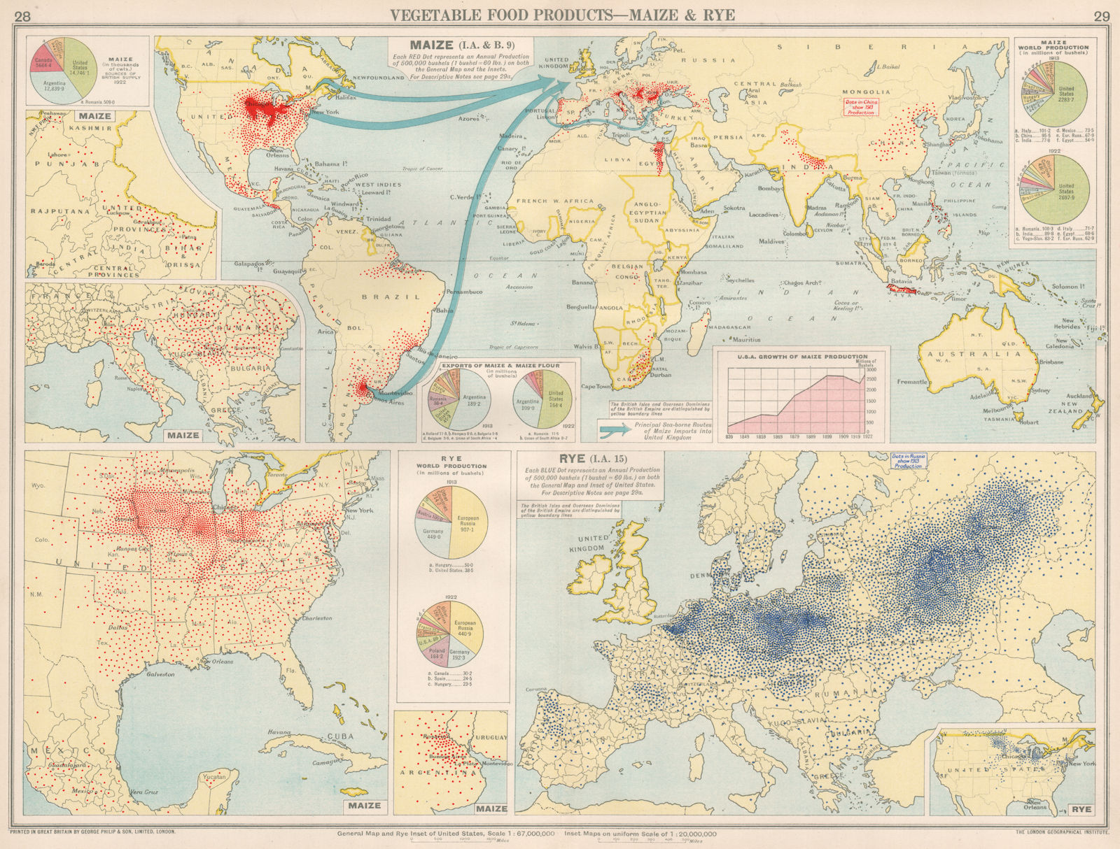 Associate Product World. Food Production. Maize & Rye. United States & Europe 1925 old map