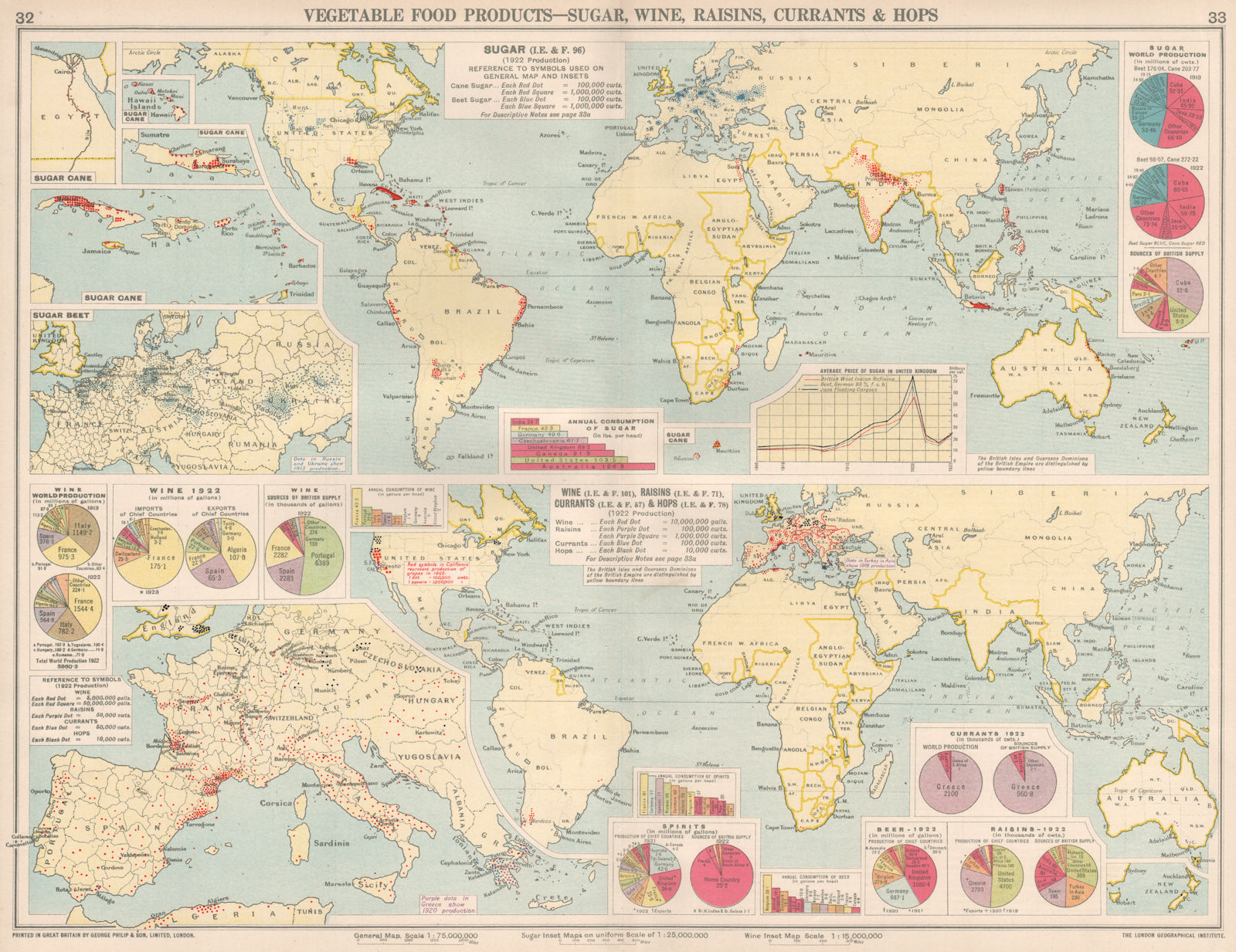 World. Food Production. Sugar Cane/Beet, Wine, Raisins, Currants & Hops 1925 map