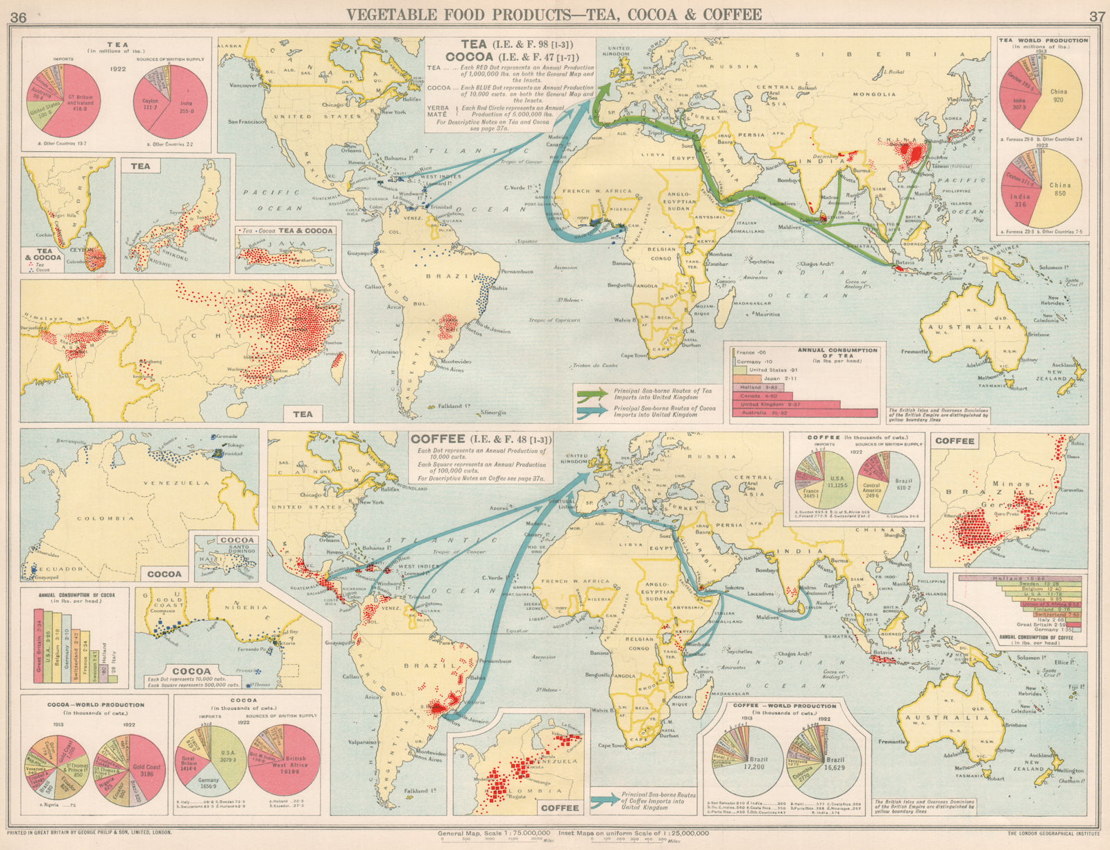 World. Food Production. Tea, Cocoa & Coffee. China & South America 1925 map
