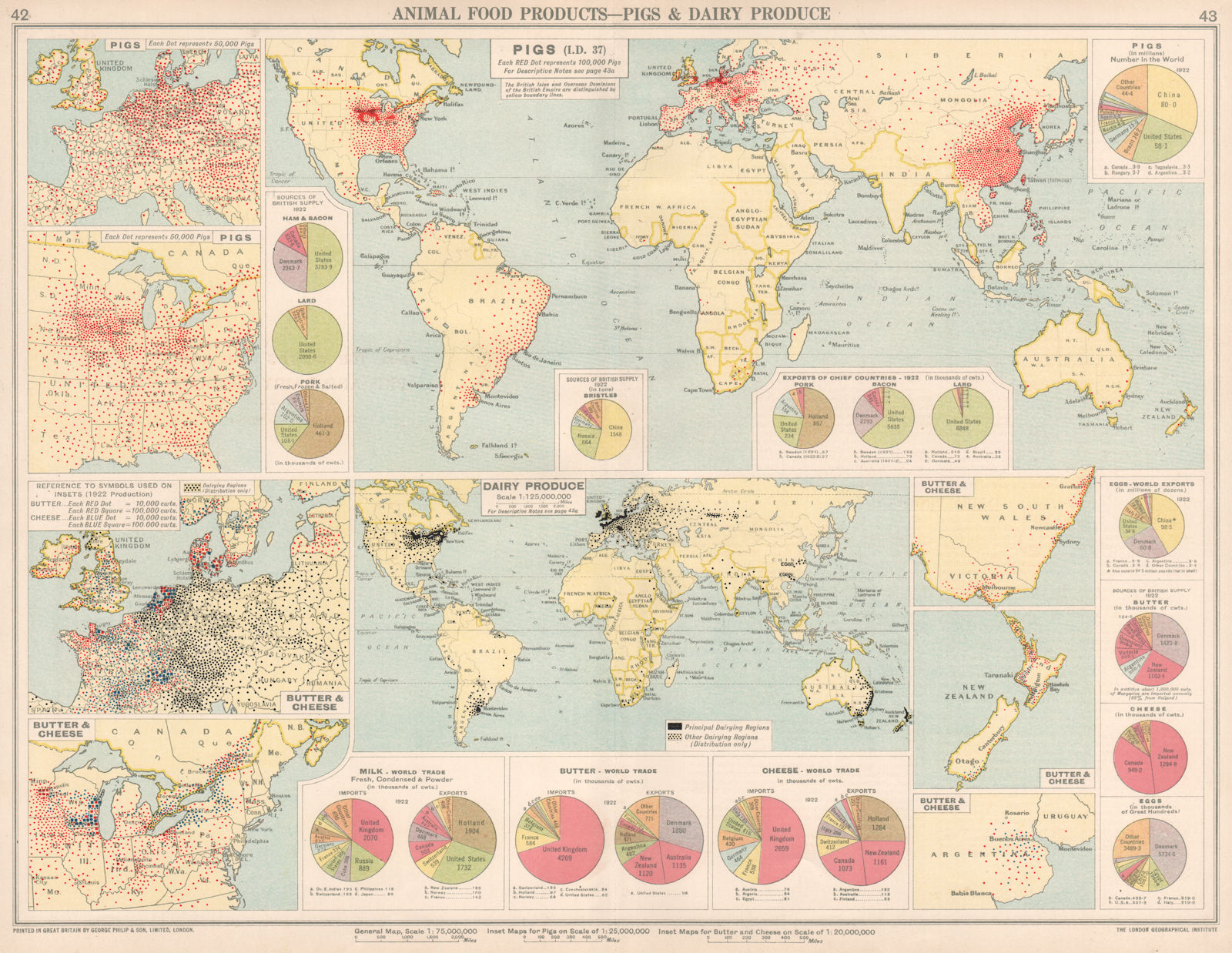 World. Animal Food Production. Pigs & Dairy Produce. Europe China 1925 old map