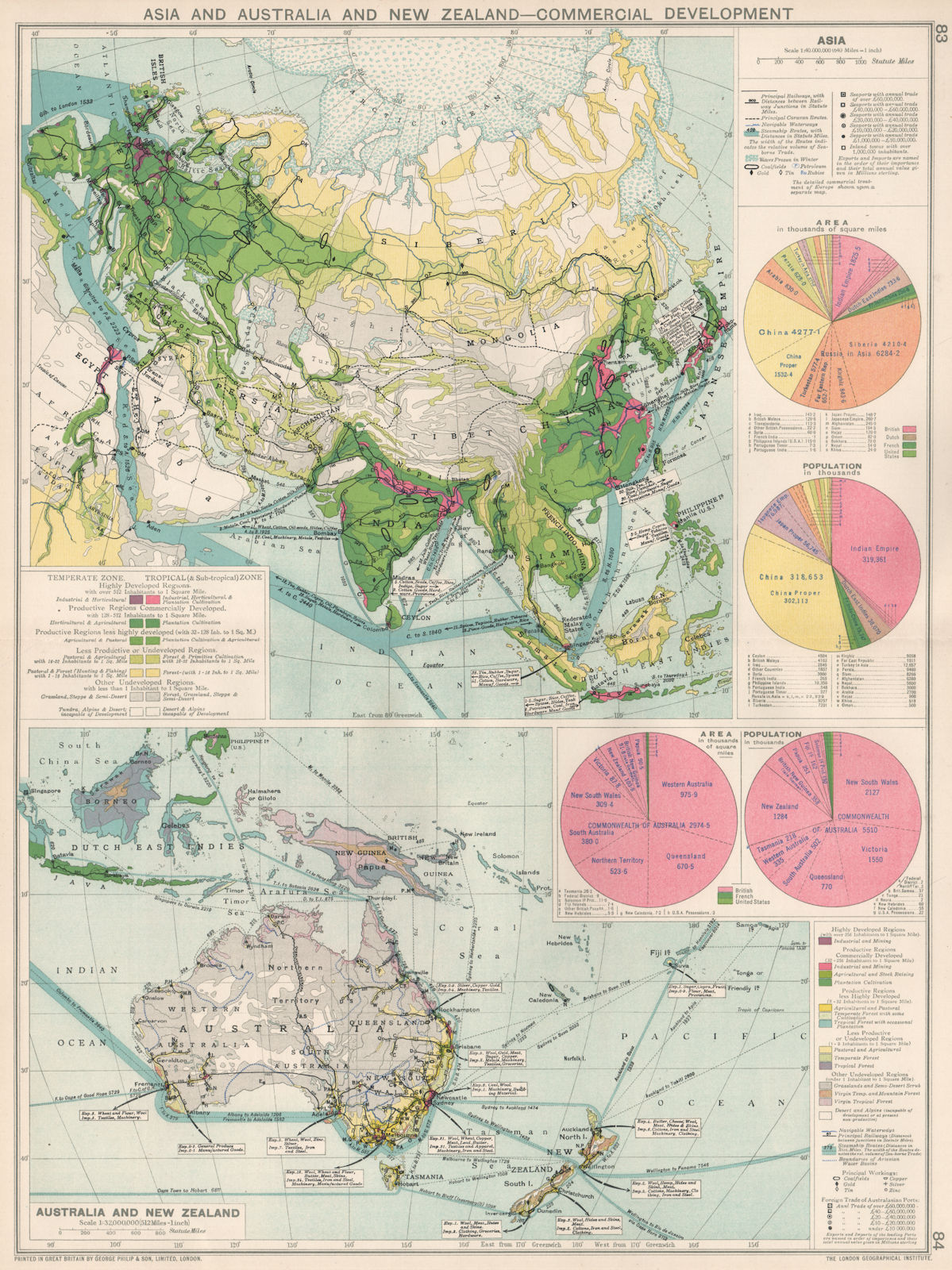Asia, Australia & New Zealand. Commercial. Import & export routes 1925 old map