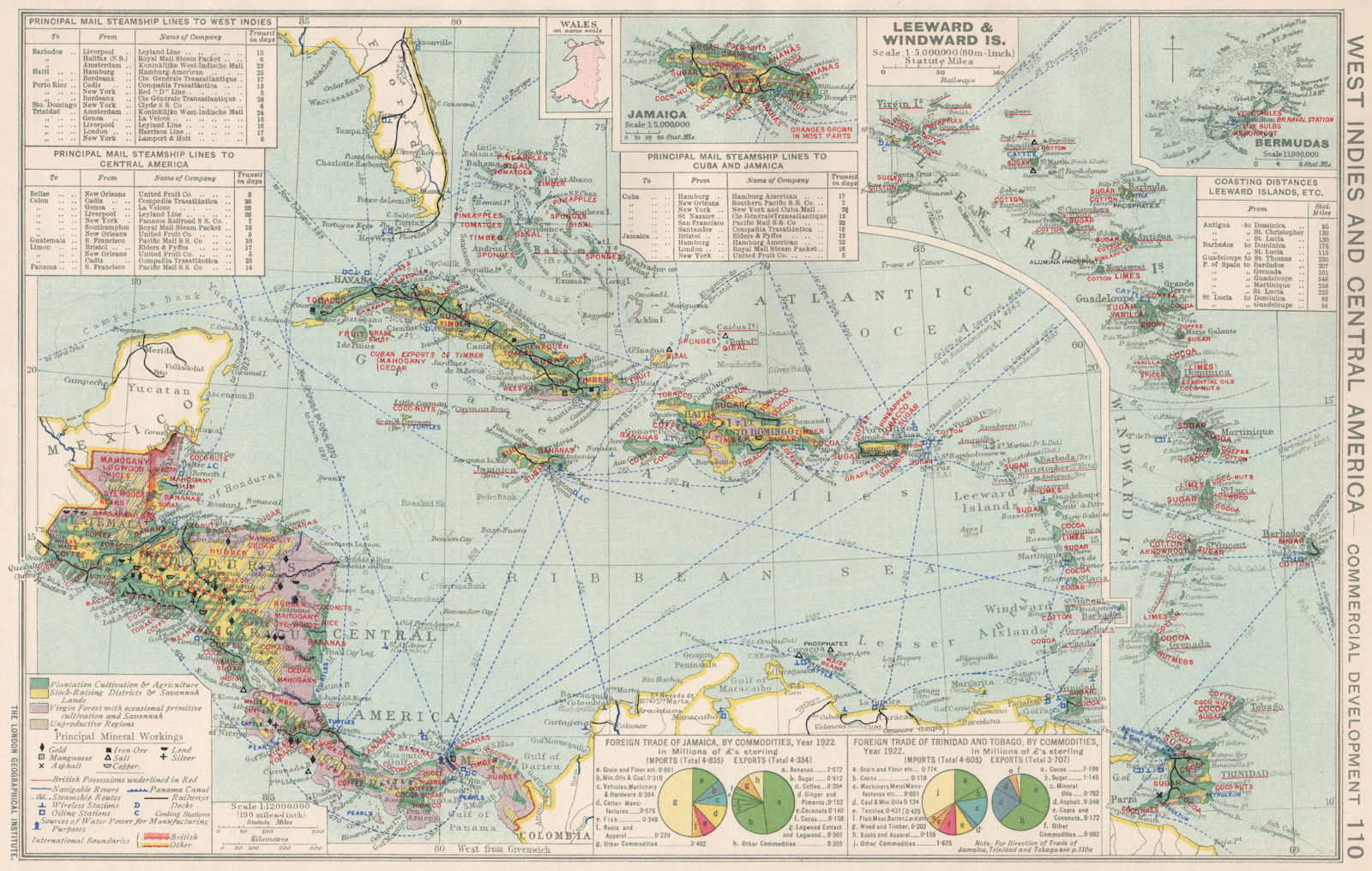West Indies & Central America. Commercial. Agricultural products 1925 old map