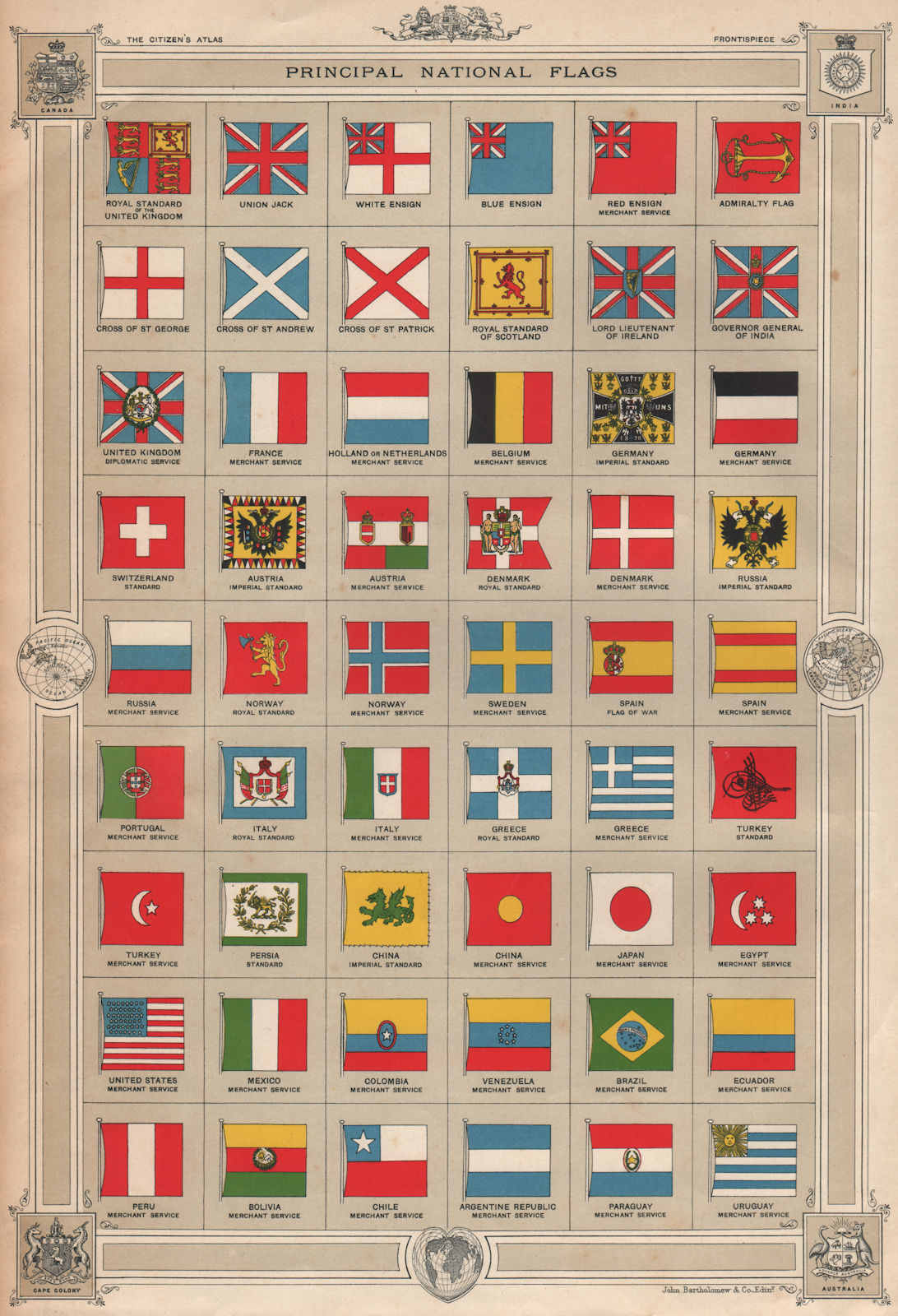 FLAGS. National Ensigns Standards British Empire Europe Americas 1912 print