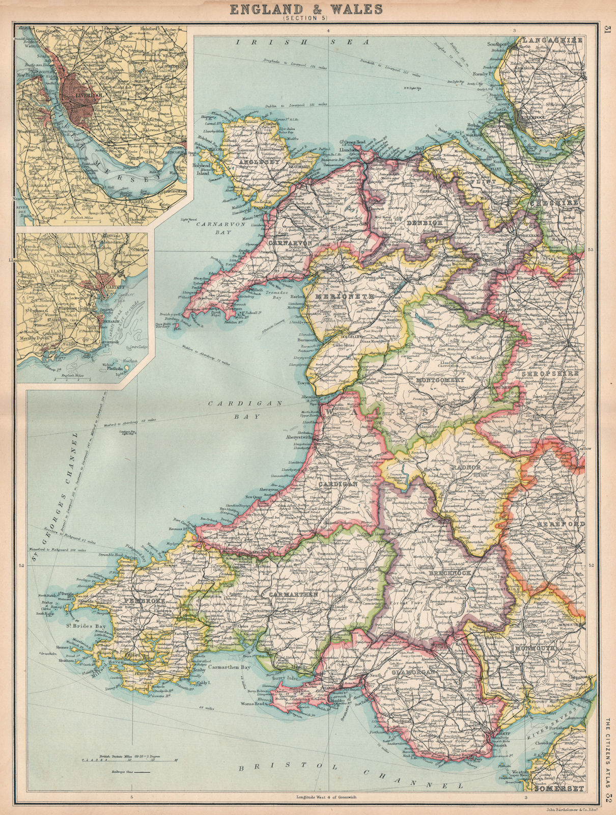 Associate Product WALES.Showing counties & railways.Inset Liverpool & Cardiff.BARTHOLOMEW 1912 map