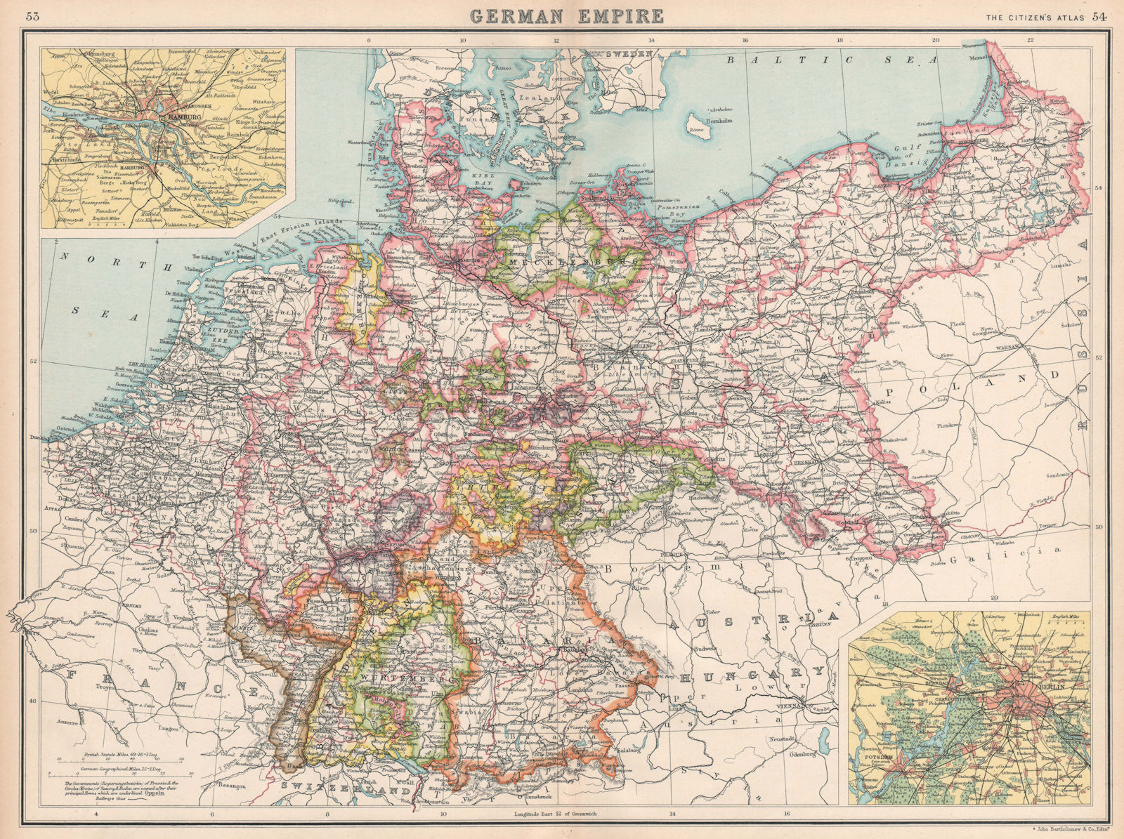 Associate Product GERMAN EMPIRE. states. Germany. Prussia. Hamburg Berlin. BARTHOLOMEW 1912 map