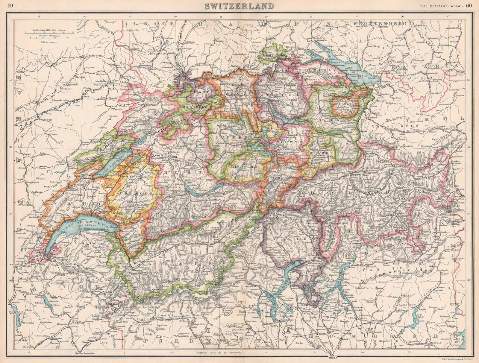 SWITZERLAND. Showing cantons & railways. BARTHOLOMEW 1912 old antique map