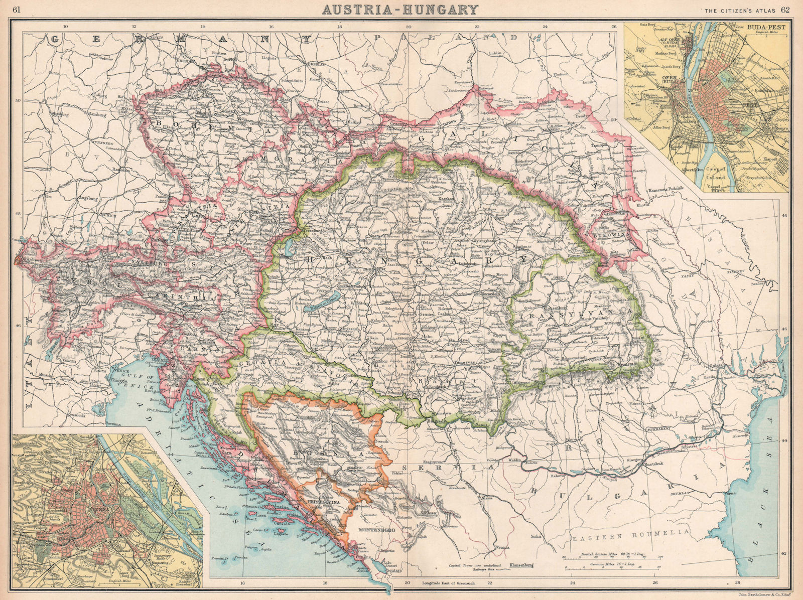 Associate Product AUSTRIA-HUNGARY. Inset Vienna; Ofen (Buda) Pest Budapest. BARTHOLOMEW 1912 map