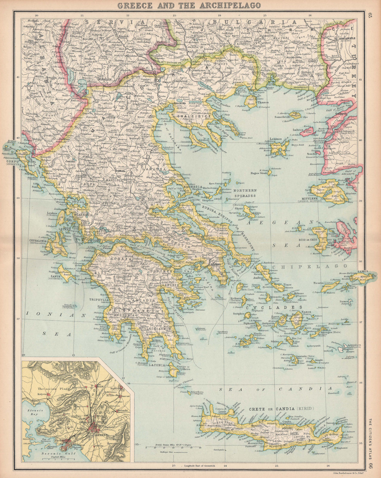 Associate Product GREECE. Aegean & Ionian Islands Crete. Inset Athens. BARTHOLOMEW 1912 old map
