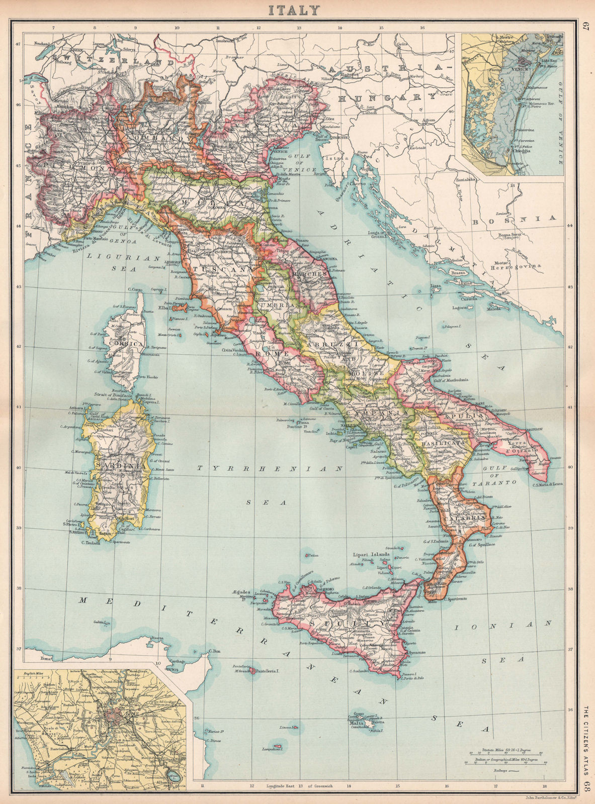 ITALY. Showing regions & railways. Inset Venice; Rome. BARTHOLOMEW 1912 map