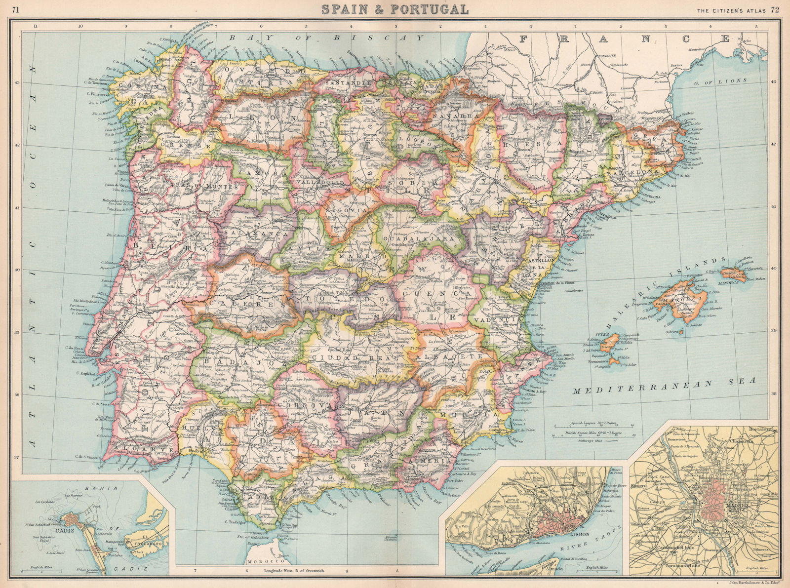 IBERIA. Spain showing provinces & Portugal. Inset Cadiz Lisbon Madrid 1912 map