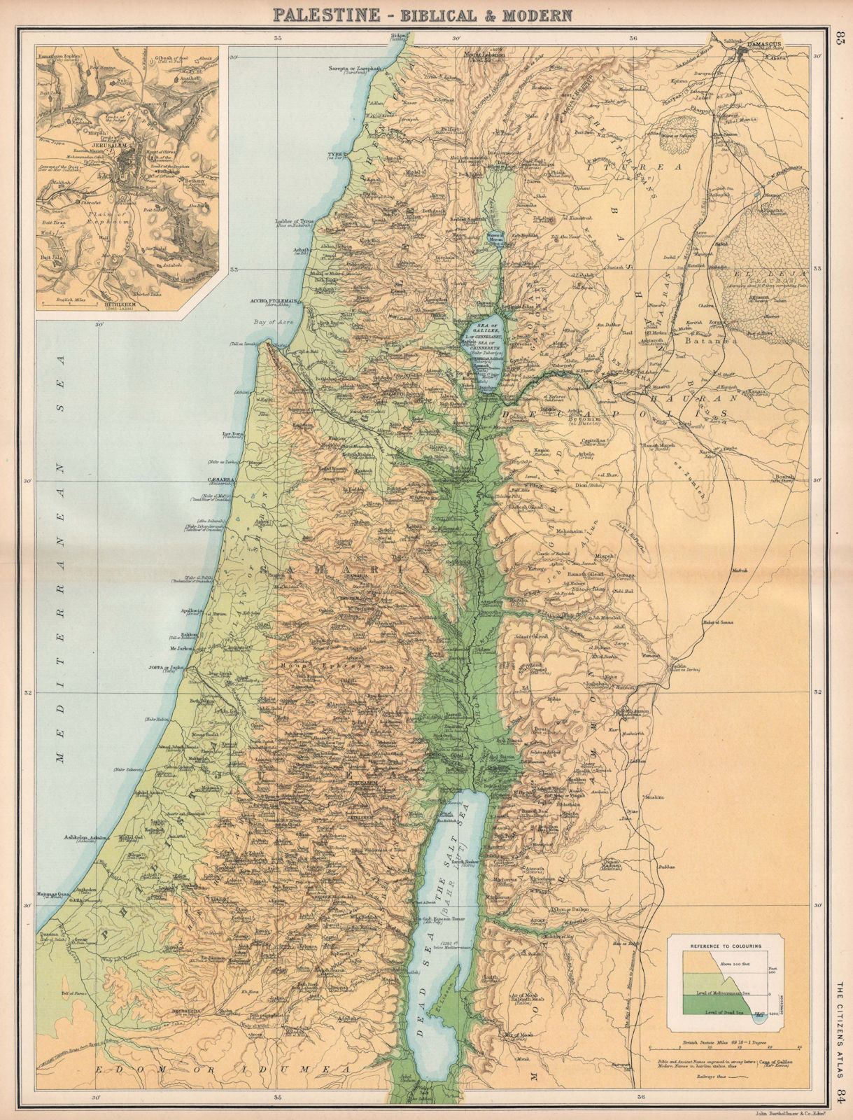 PALESTINE & JERUSALEM. Biblical and ancient place names. Relief. Israel 1912 map
