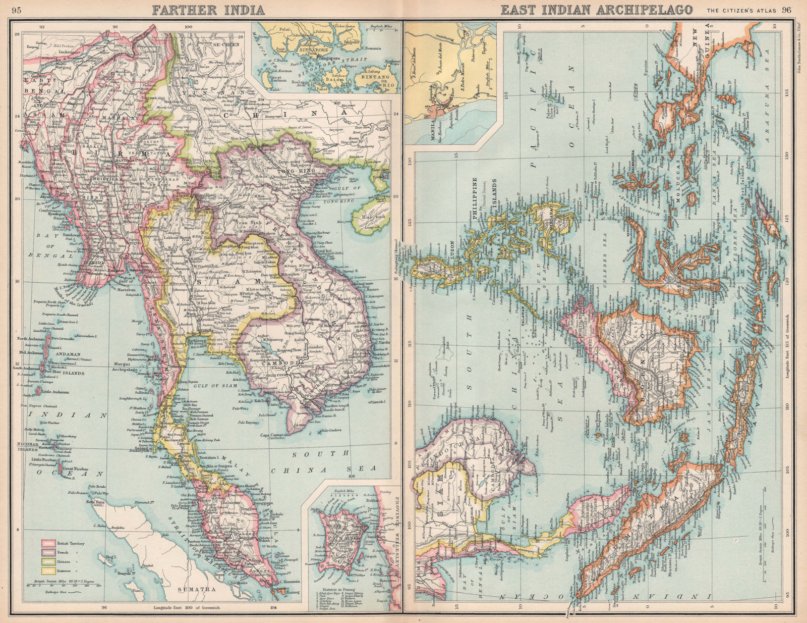 FRENCH INDOCHINA & DUTCH EAST INDIES Siam Burma Penang Manila Singapore 1912 map