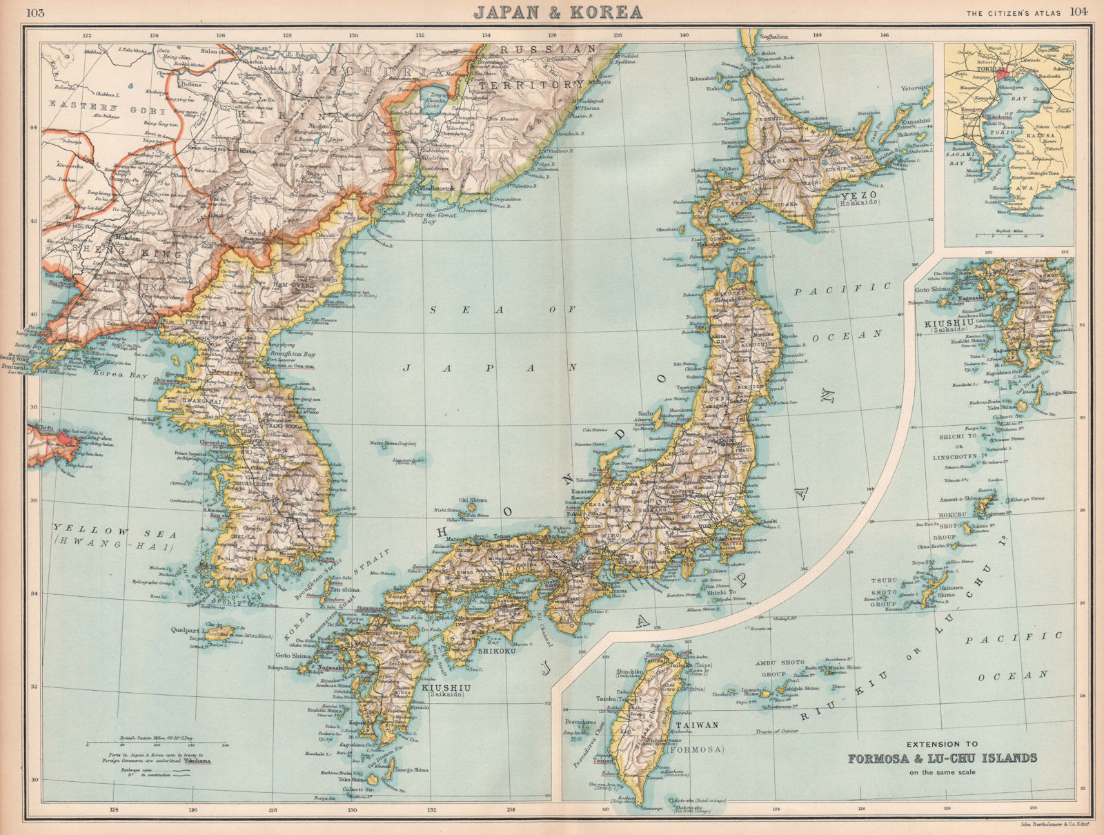 Associate Product JAPAN & KOREA. Inset Tokyo bay. Formosa Taiwan. Railways. BARTHOLOMEW 1912 map