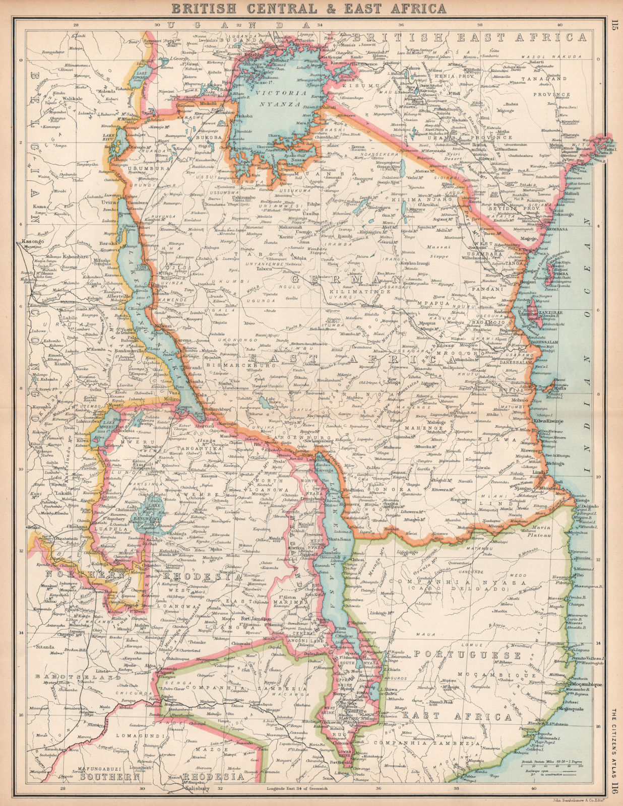 EAST AFRICA. Northern Rhodesia. German East Africa. Malawi Tanzania 1912 map