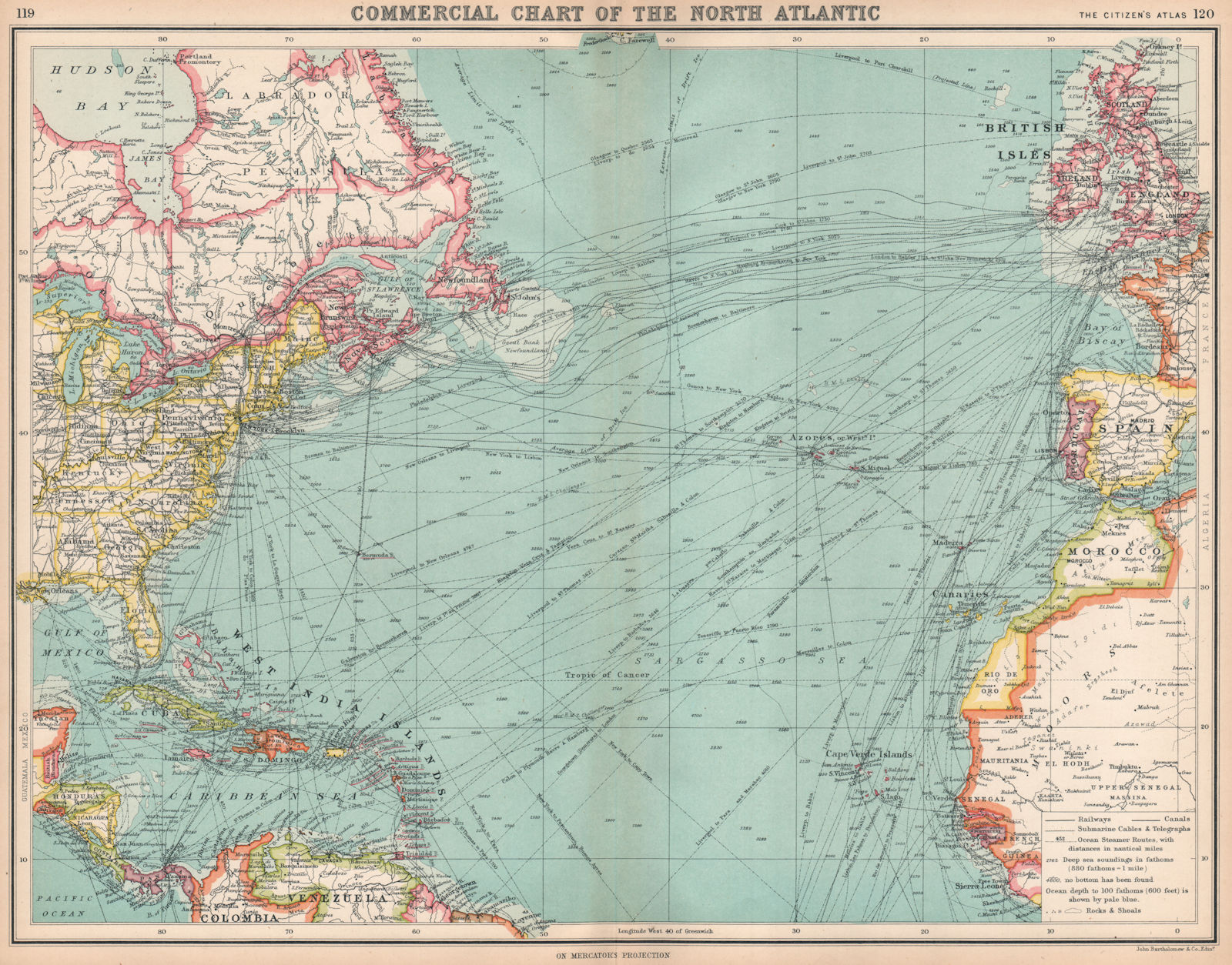 NORTH ATLANTIC COMMERCIAL Steamer routes Telegraphs Soundings Ice limit 1912 map