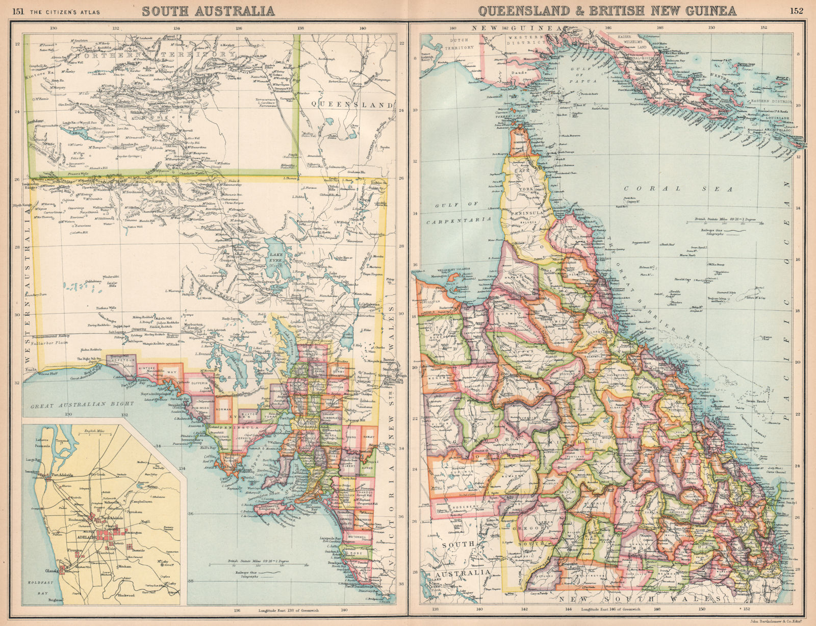 Associate Product SOUTH AUSTRALIA, QUEENSLAND & BRITISH NEW GUINEA. Counties. BARTHOLOMEW 1912 map