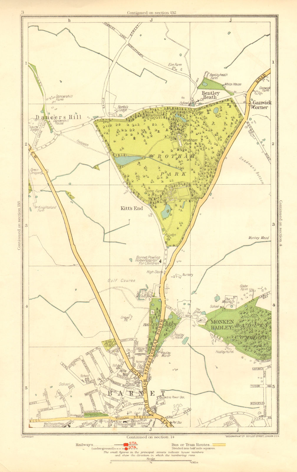 Associate Product BARNET. Monken Hadley Wrotham Park Kitts End Dancer's Hill Ganwick Cnr 1937 map