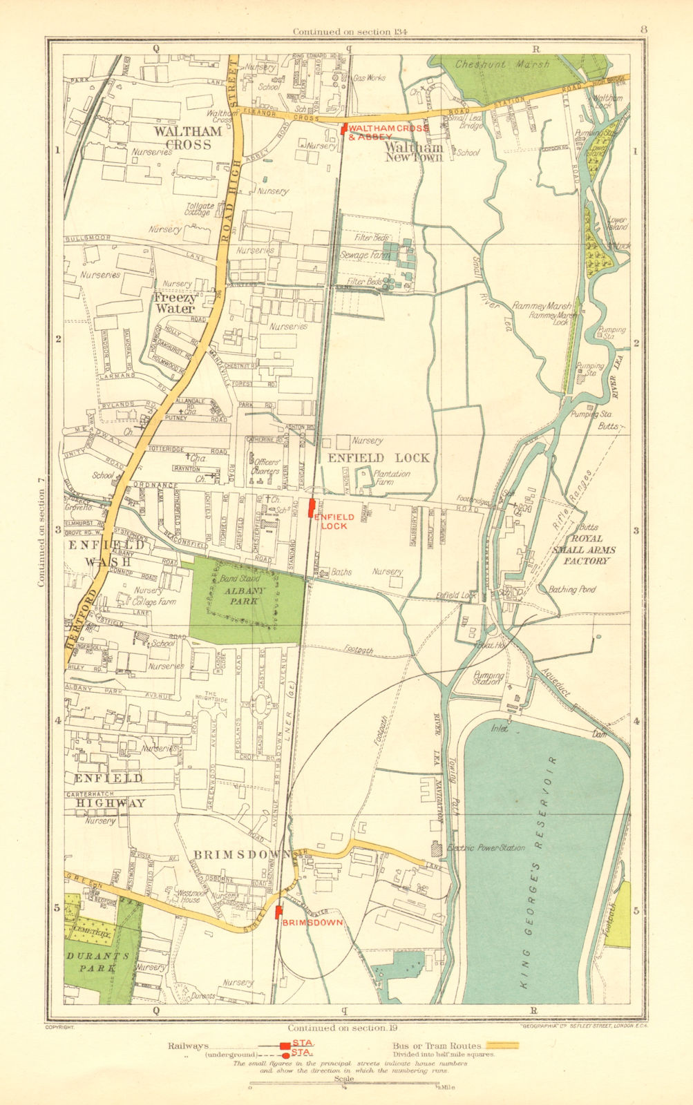 ENFIELD. Lock Wash Highway; Waltham Cross Brimsdown Freezy Water 1937 old map