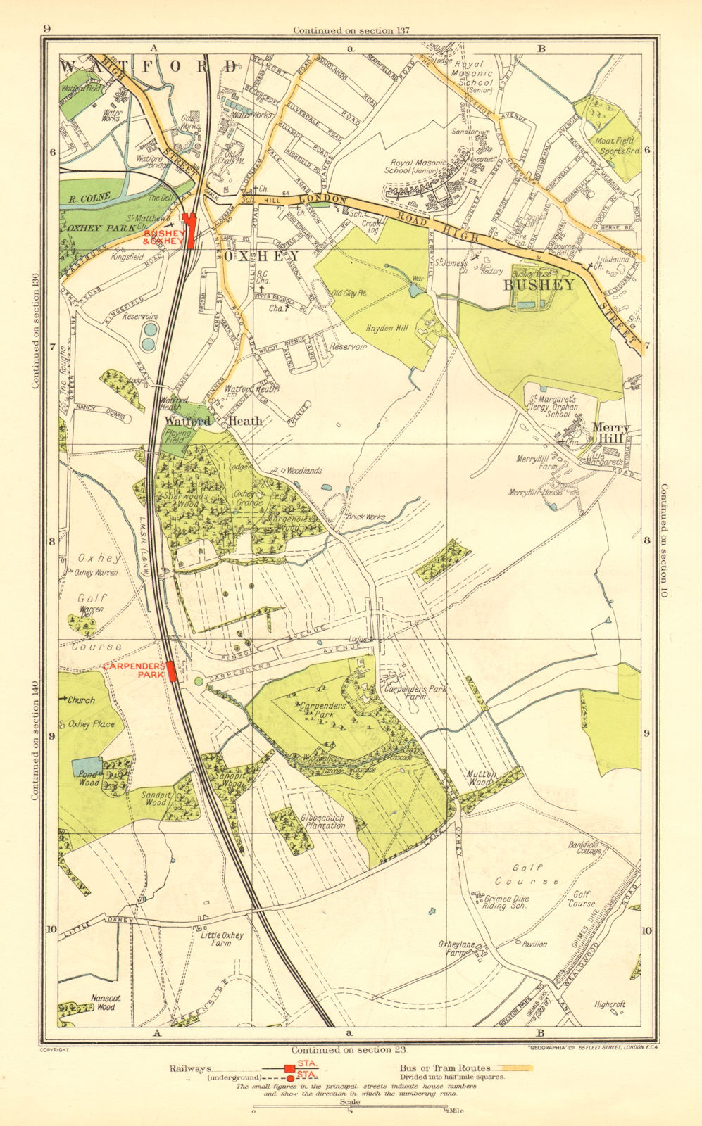 OXHEY. Bushey Watford Carpender's Park Merry Hill 1937 old vintage map chart