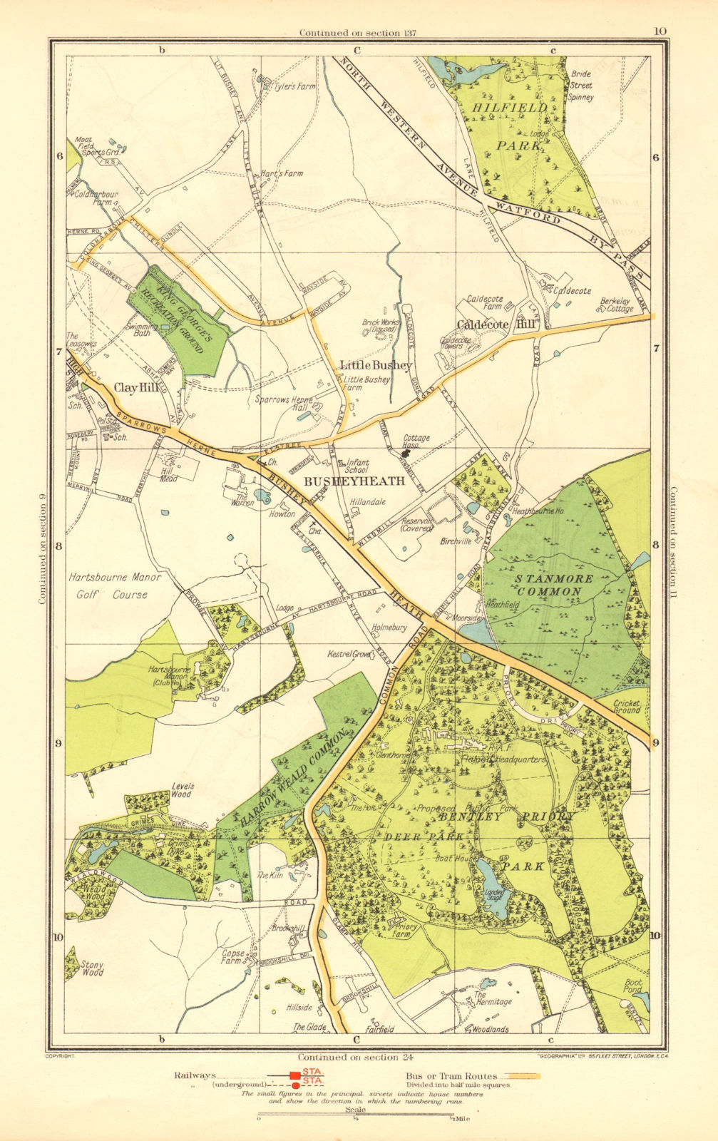 Associate Product HERTS. Busheyheath Caldecote Hill Clay Hill Little Bushey Stanmore Cmn 1937 map