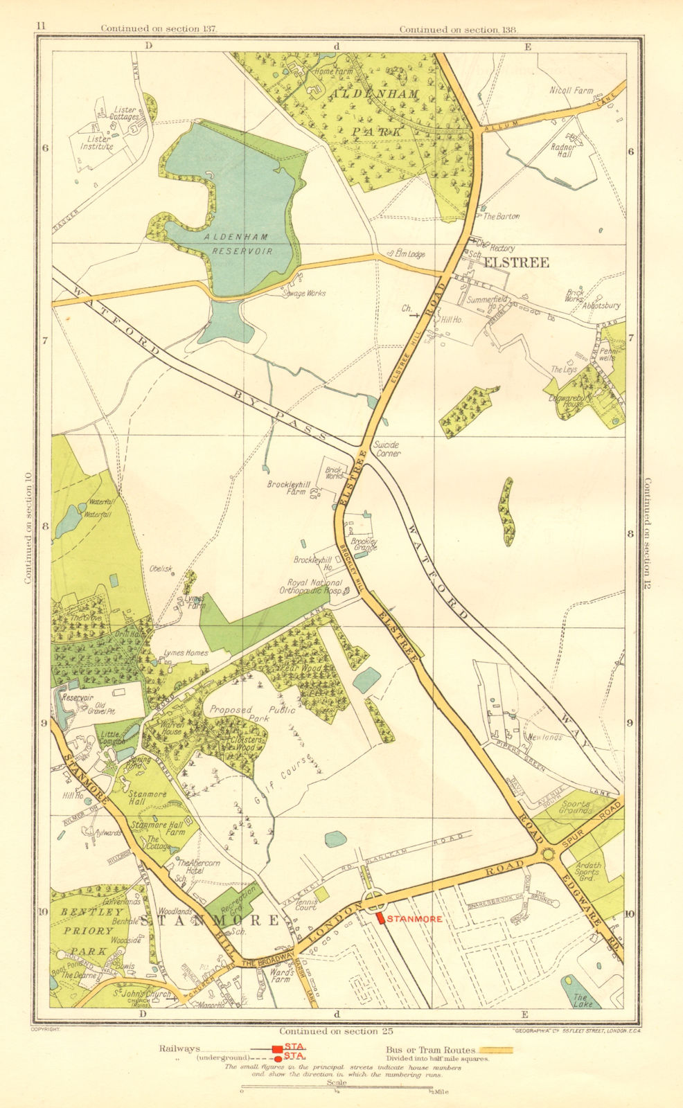 HERTS. Elstree Stanmore Edgware Aldenham Park Canons Park 1937 old vintage map