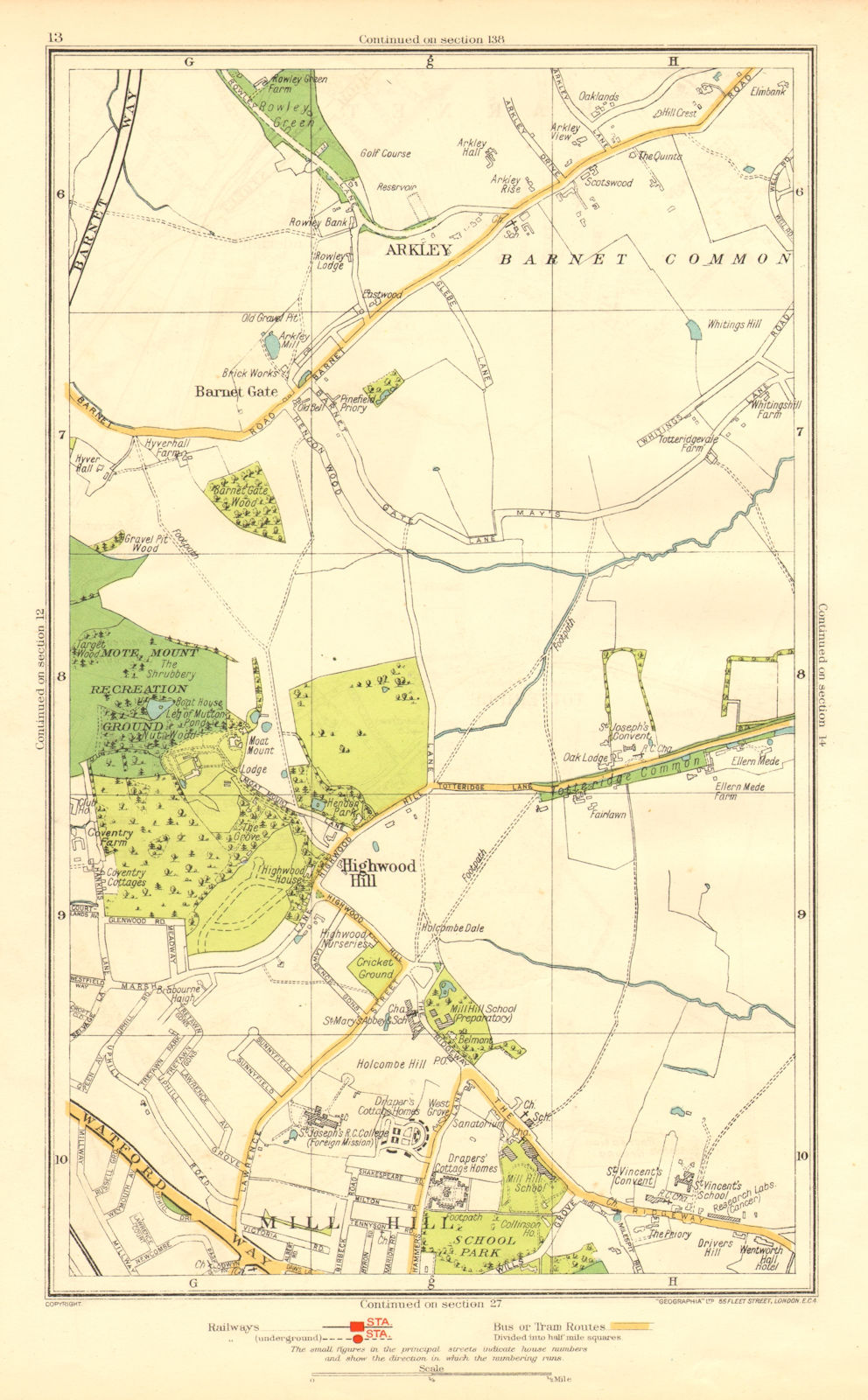 LONDON. Arkley Barnet Gate Highwood Hill Mill Hill 1937 old vintage map chart