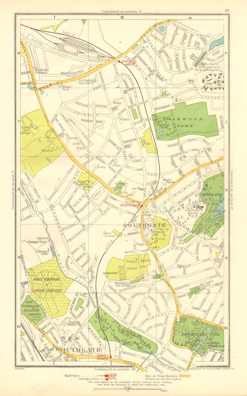 LONDON. Southgate New Southgate Arnos Grove West Enfield 1937 old vintage map