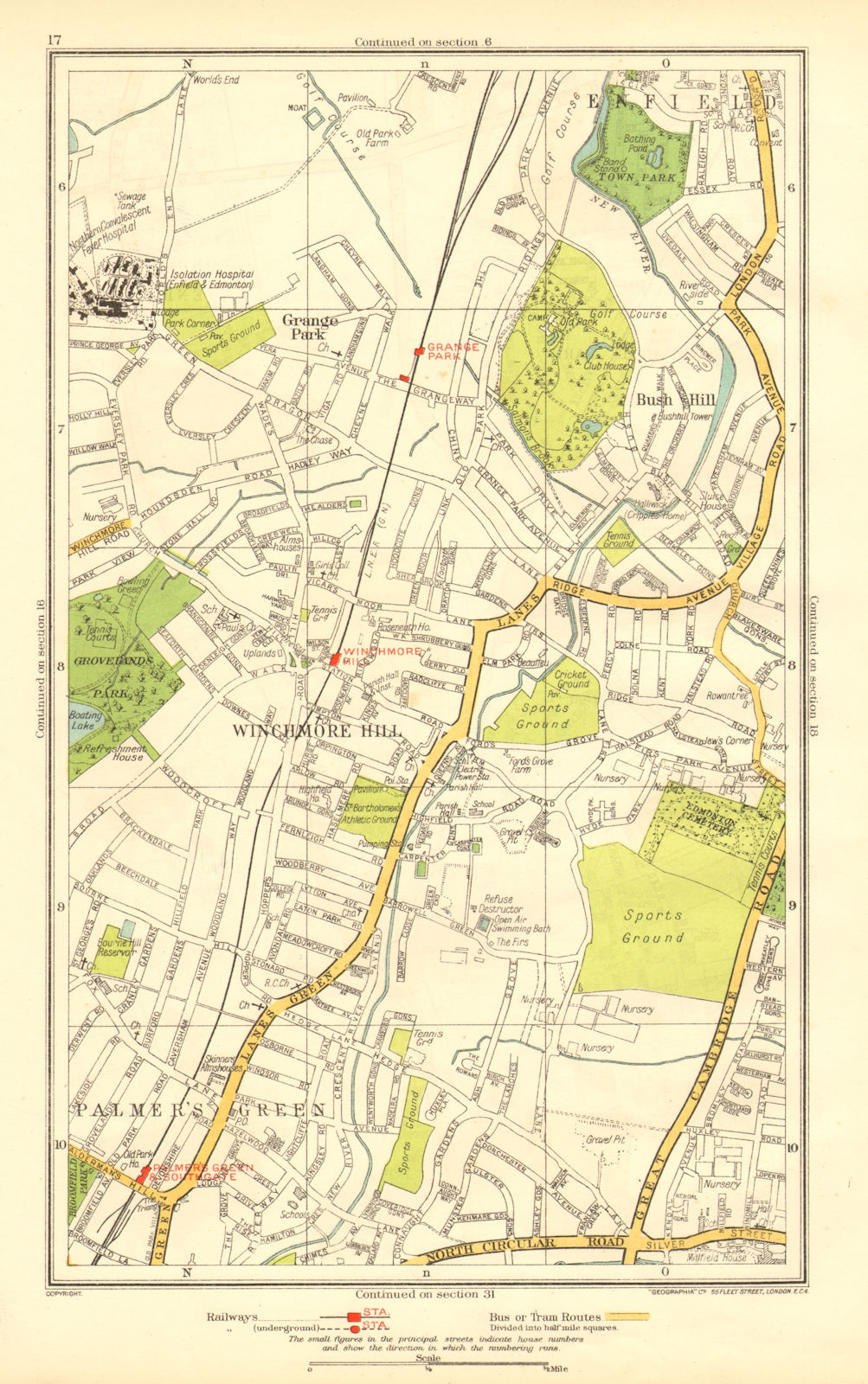 SOUTHGATE. Winchmore Hill Grange Park Palmers Green Bush Hill 1937 old map