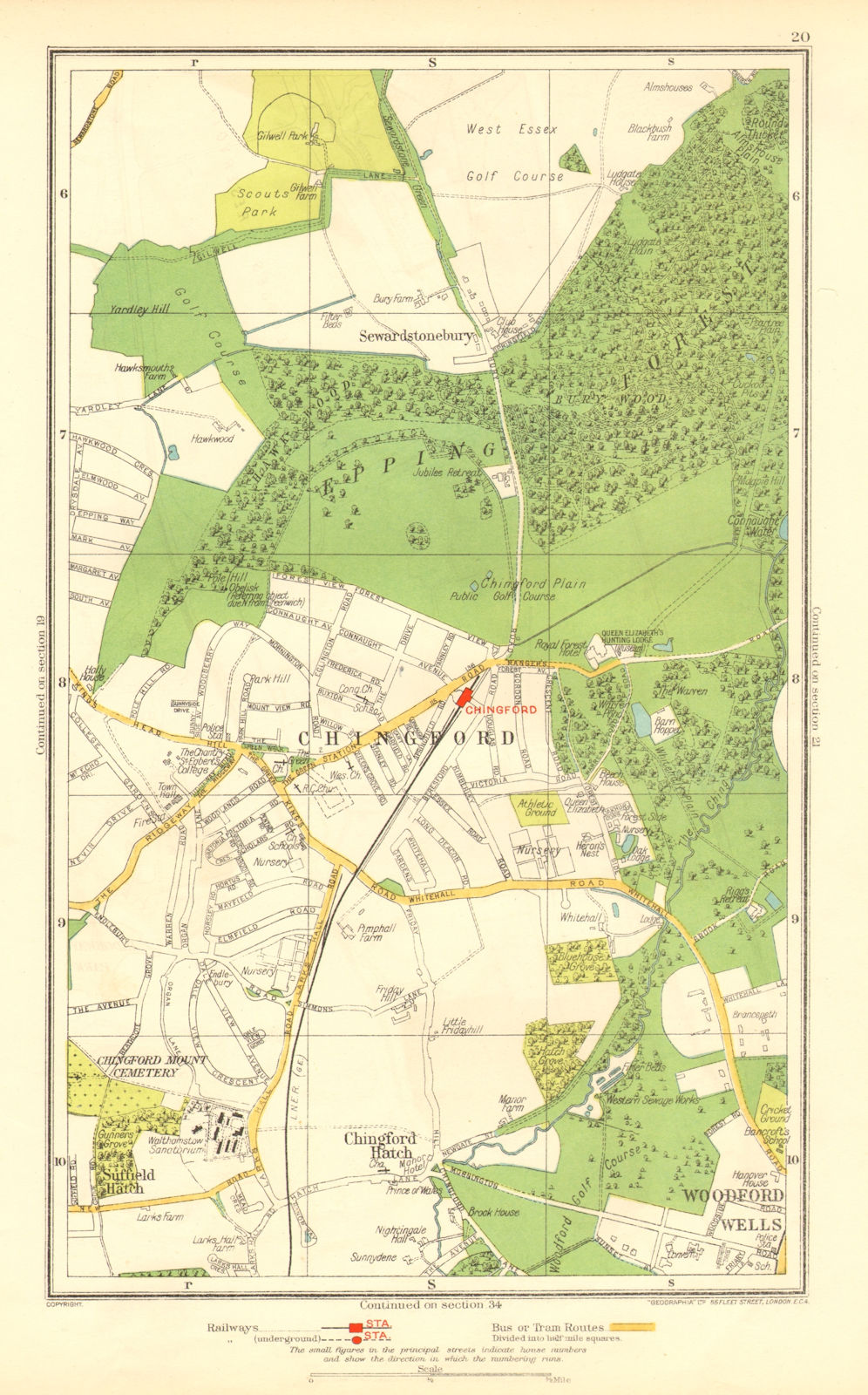 Associate Product CHINGFORD. Woodford Wells Epping Forest Sewardstonebury Suffield Hatch 1937 map