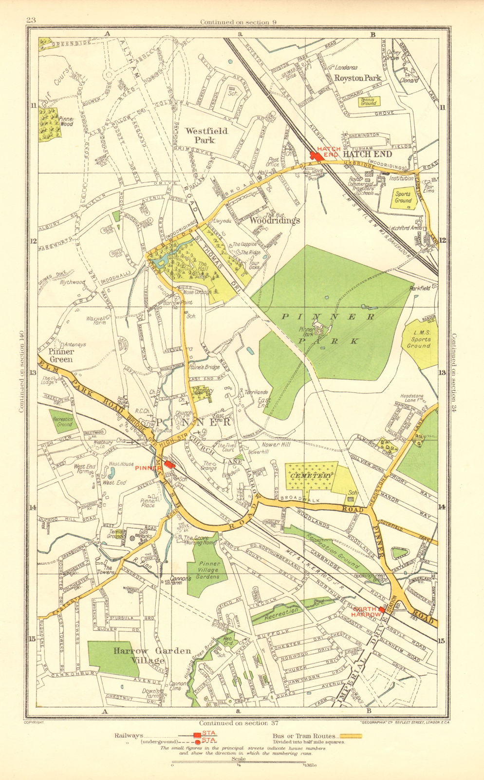 PINNER. Hatch End North Harrow Eastcote Royston Park Westfield Park 1937 map