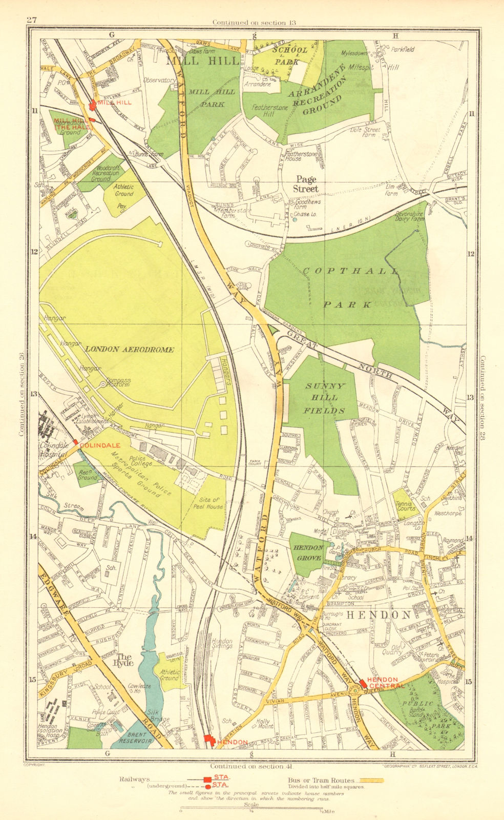 HENDON. The Hyde Mill Hill Colindale Edgware Southfields 1937 old vintage map