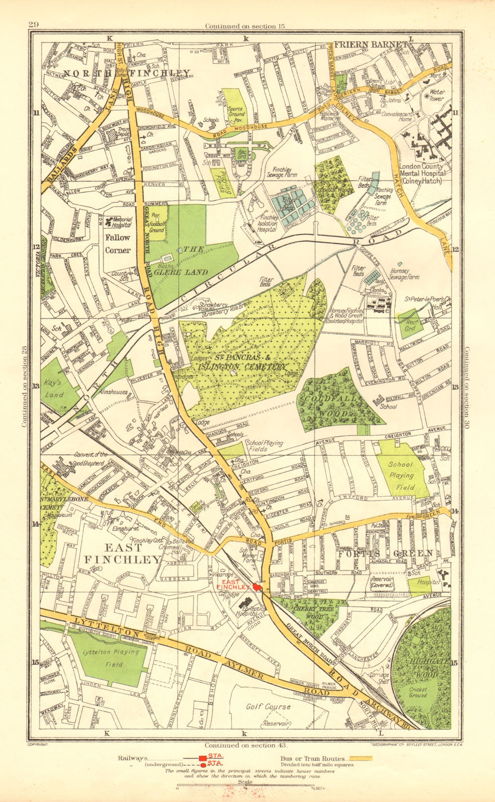 FINCHLEY. Fortis Green Friern Barnet Muswell Hill Fallow Corner 1937 old map