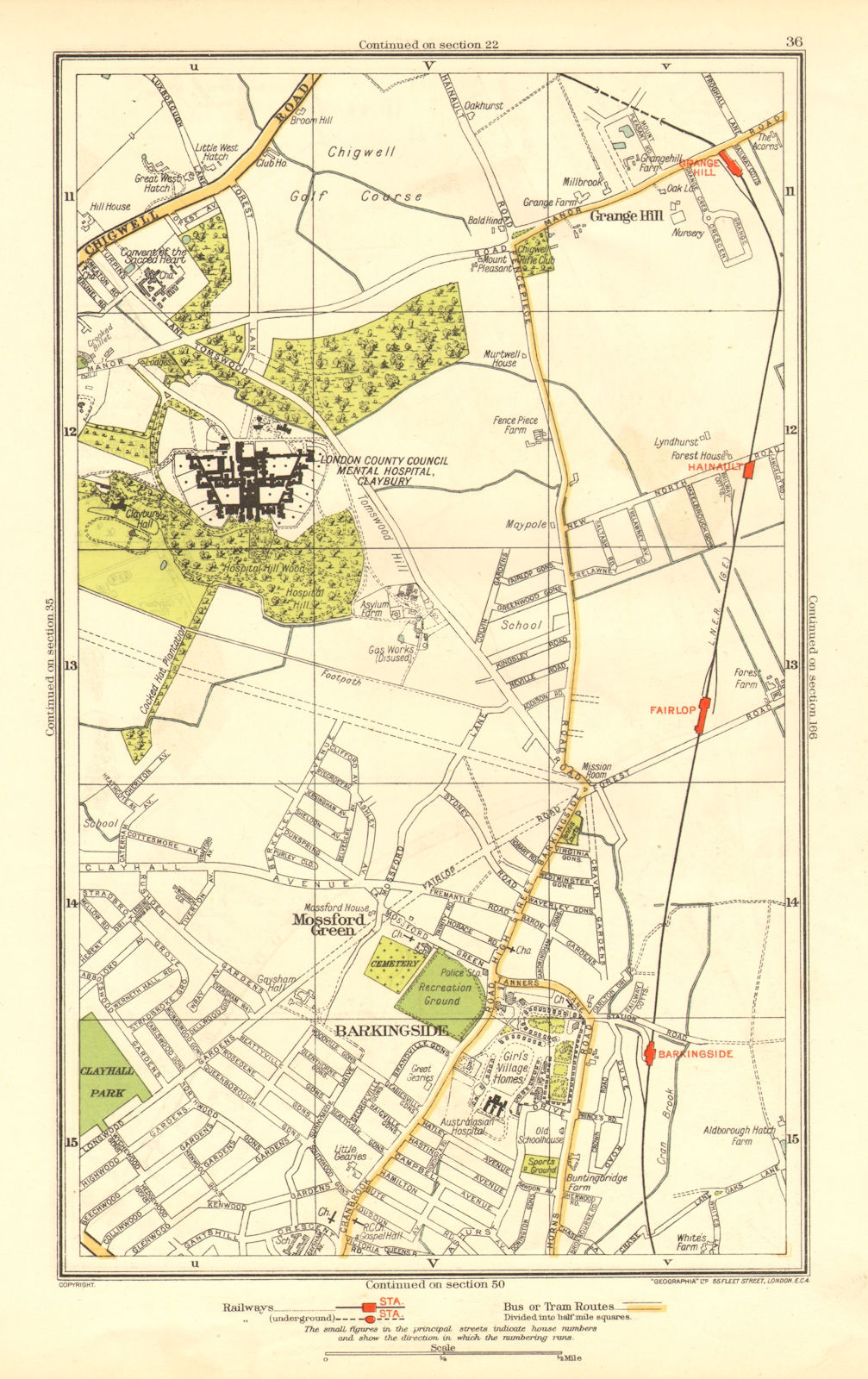 LONDON. Barkingside Grange Hill Mossford Green Fairlop 1937 old vintage map