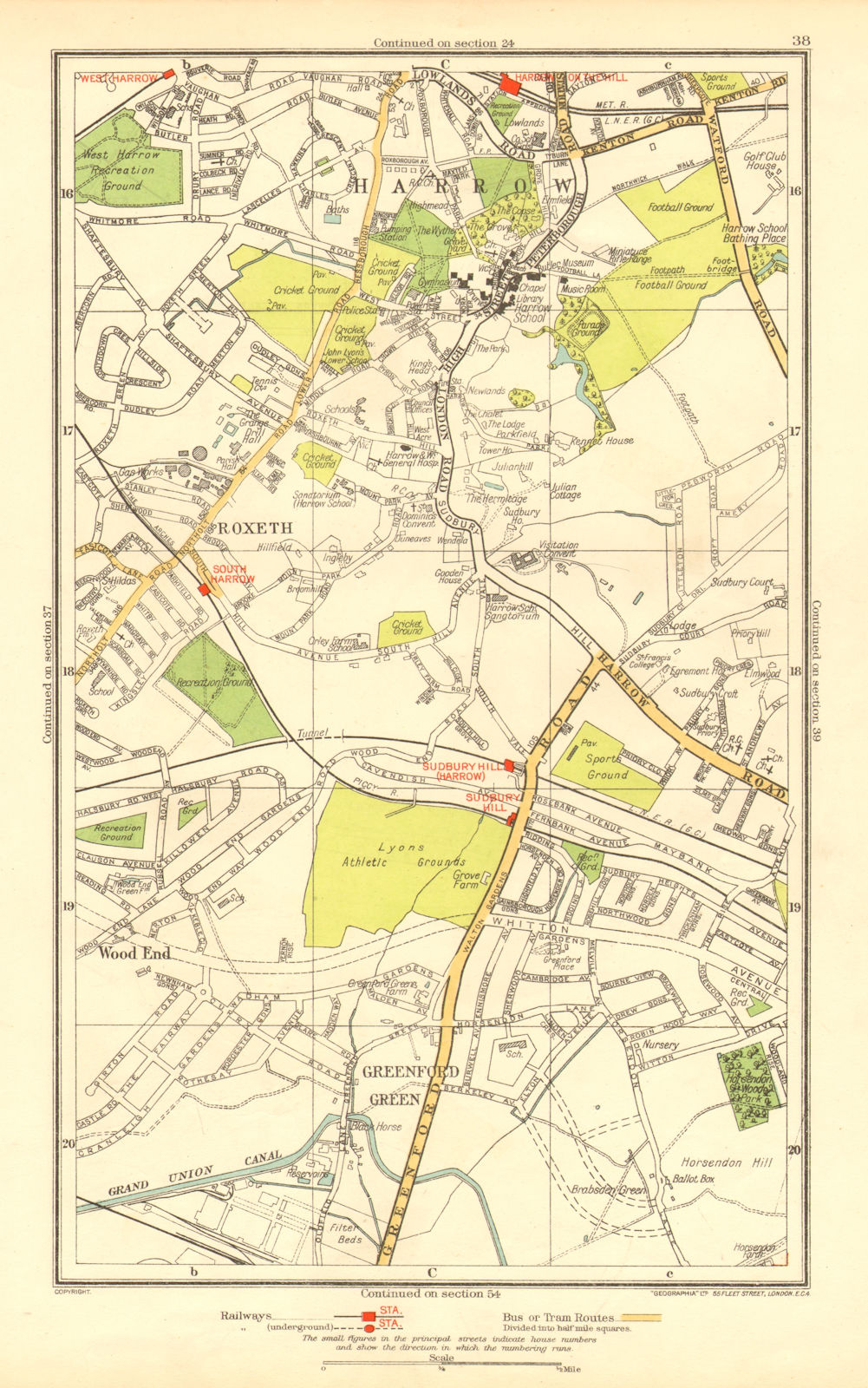 LONDON. Greenford Green Harrow Harrow on the Hill Roxeth Sudbury Hill 1937 map
