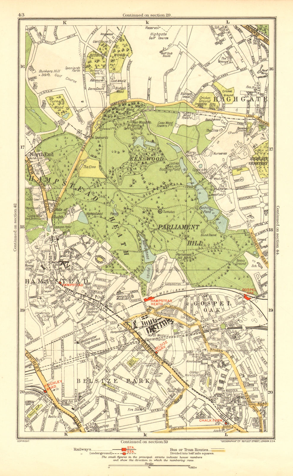 HAMPSTEAD. Belsize Park Gospel Oak Highgate Gospel Oak Parliament Hill 1937 map