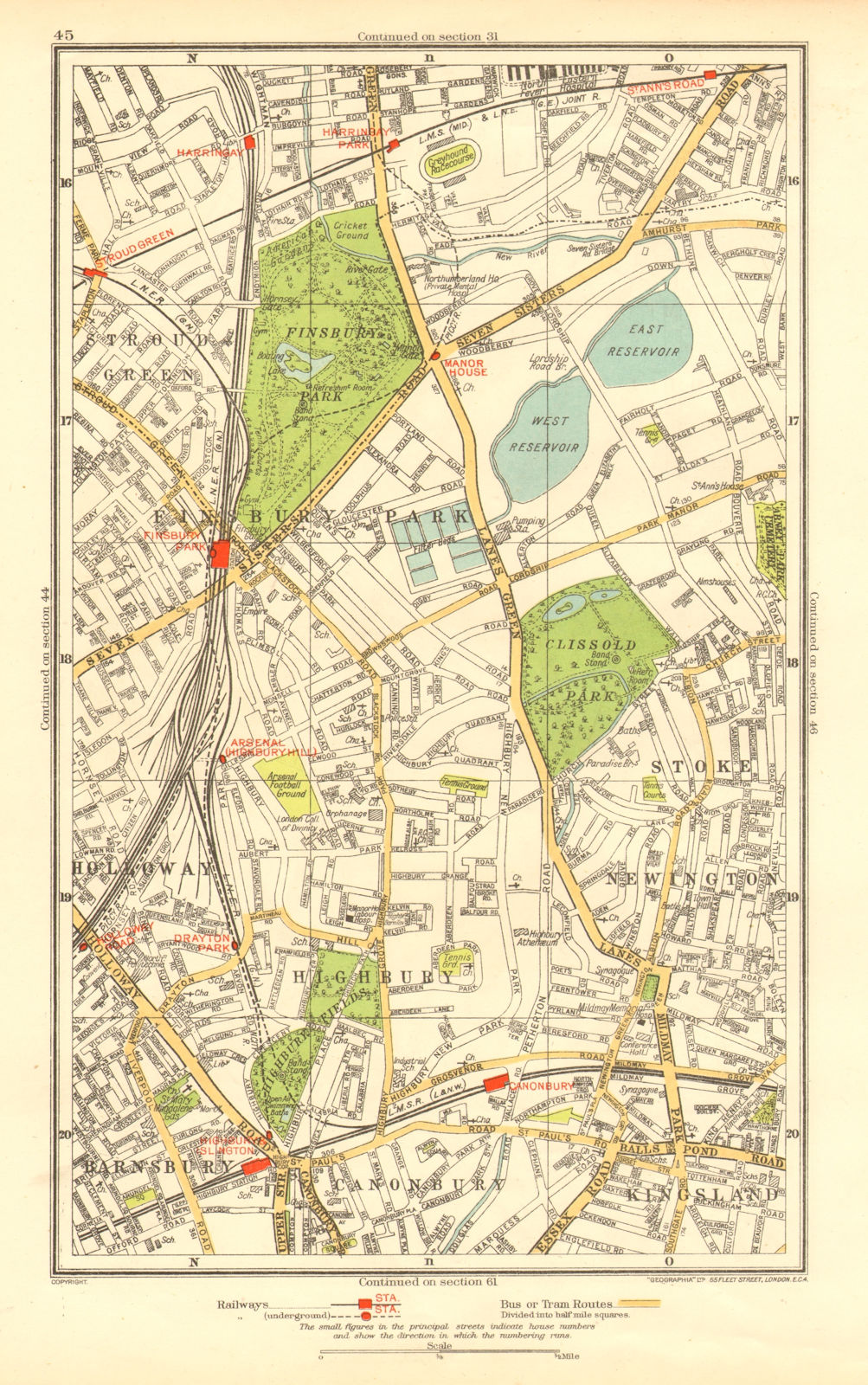 FINSBURY PARK. Barnsbury Stoke Newington Canonbury Holloway Highbury 1937 map