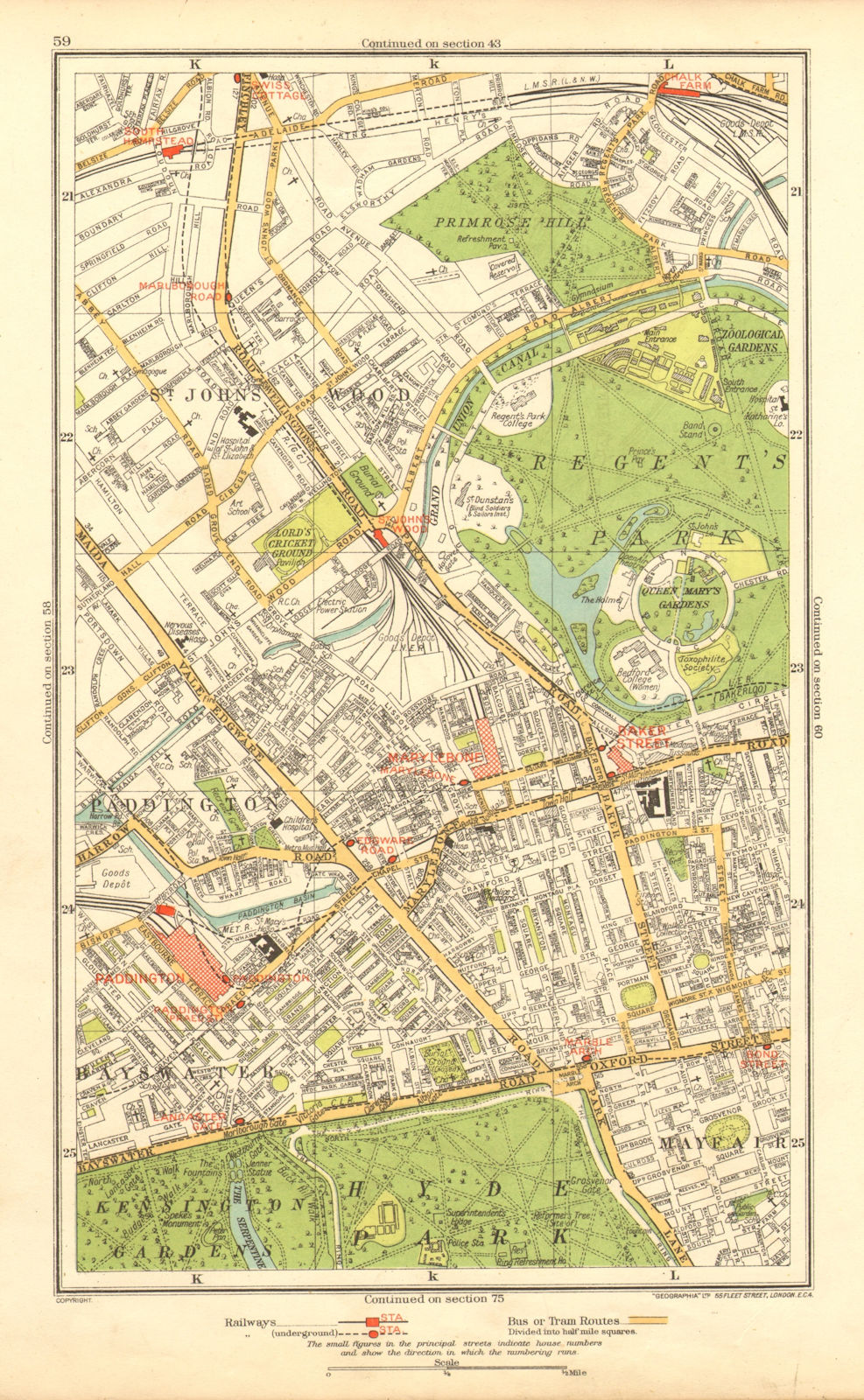 LONDON. Paddington St John's Wood Marylebone Chalk Farm Swiss Cottage 1937 map