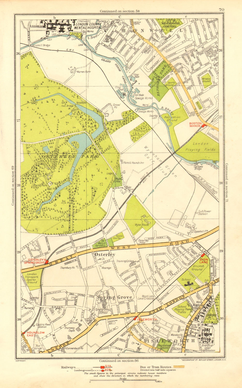 LONDON. Isleworth Osterley Spring Grove Hounslow Boston Manor 1937 old map