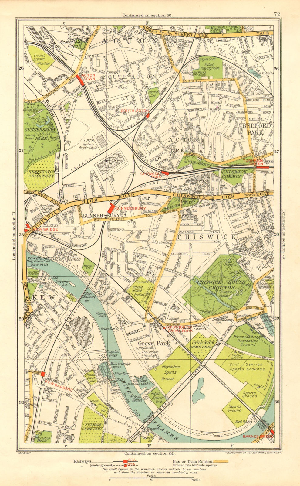 CHISWICK. Acton Green Grove Park Bedford Park Kew Gunnersbury 1937 old map