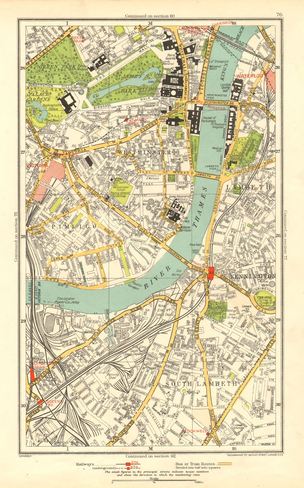 LONDON. Lambeth Westminster Victoria Oval Waterloo Charing Cross 1937 old map