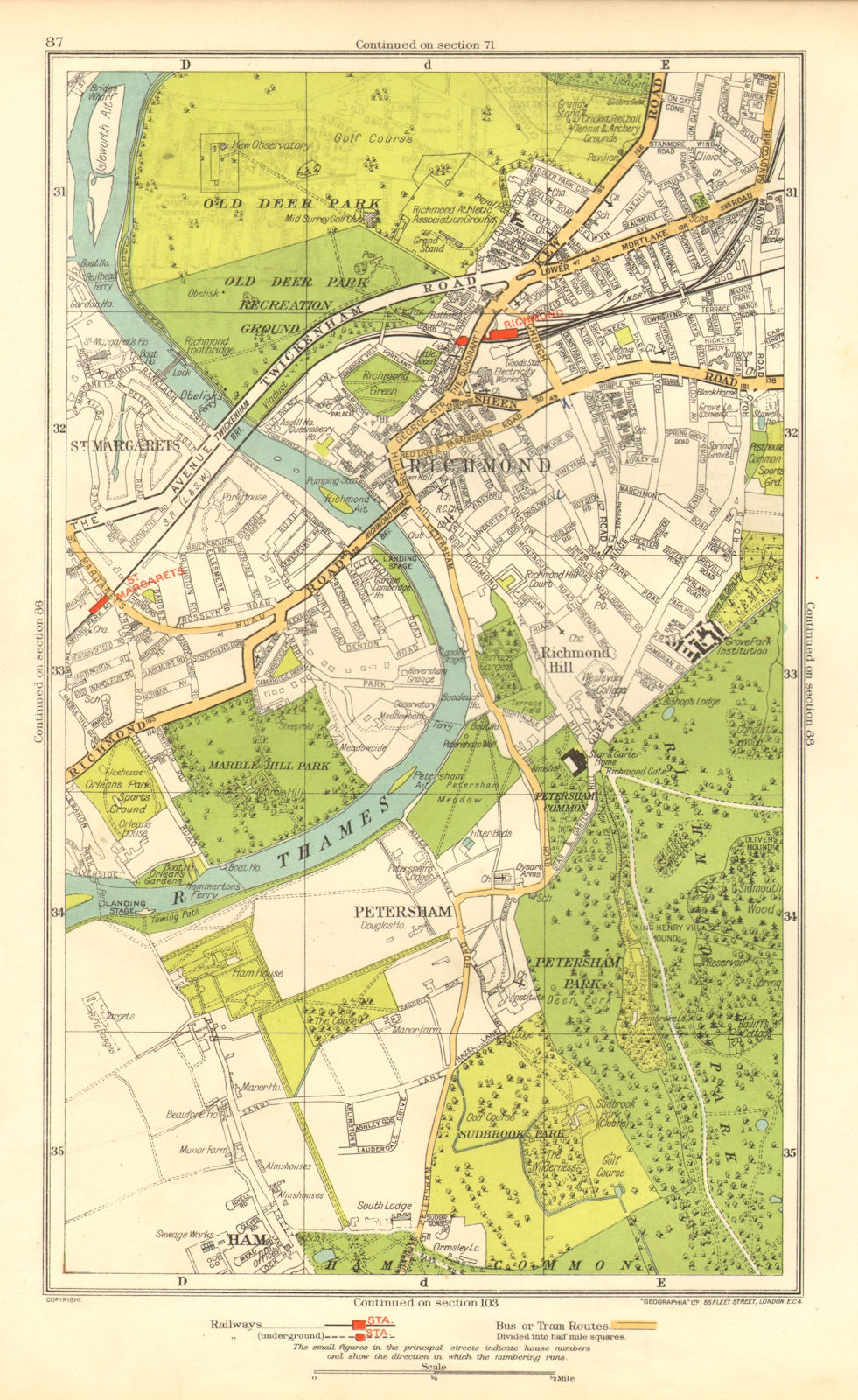 LONDON. Ham Petersham Richmond Richmond Hill St Margaret's 1937 old map