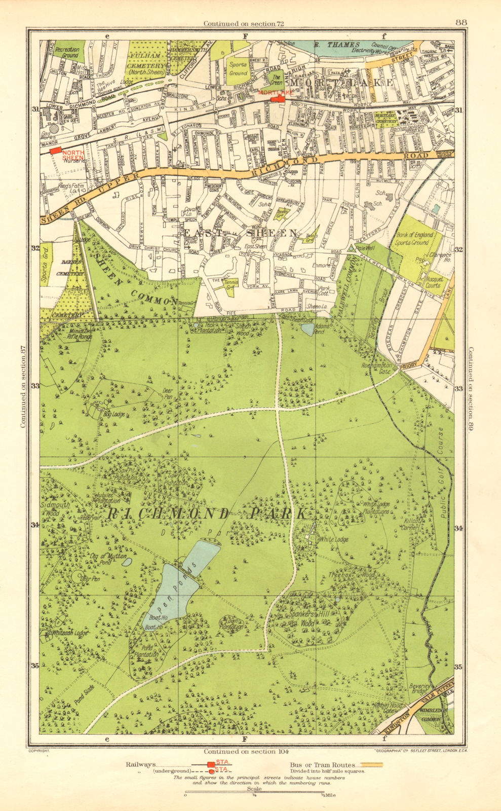 LONDON. Richmond Park East Sheen Mortlake North Sheen Roehampton 1937 old map
