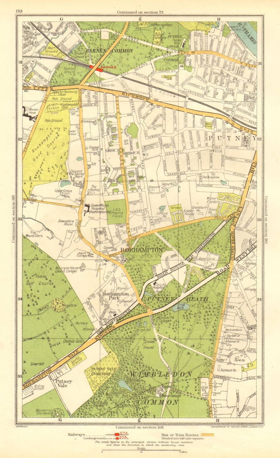 LONDON. Putney Vale Roehampton Barnes Roehampton Park Barnes Common 1937 map