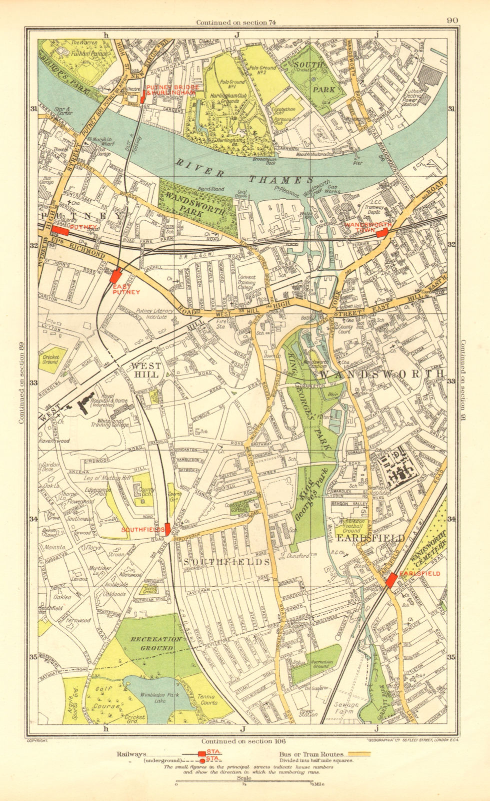 WANDSWORTH. Putney Southfields Parson's Green Earlsfield West Hill 1937 map