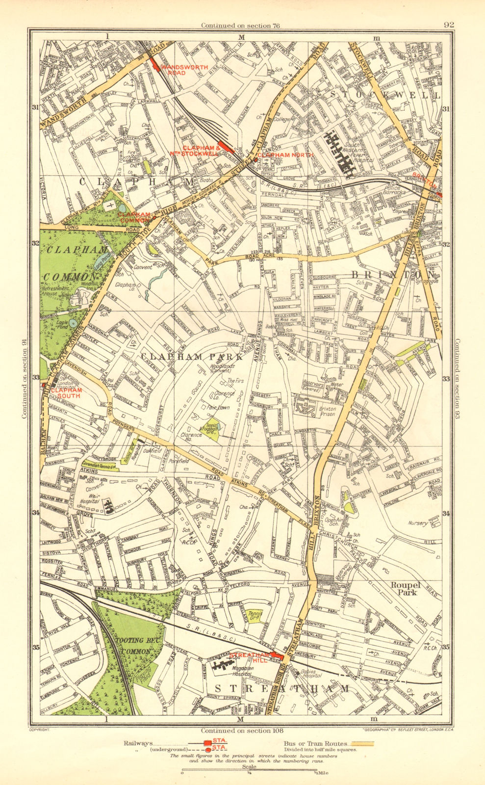 LONDON. Brixton Clapham Clapham Park Stockwell Wandsworth Road 1937 old map