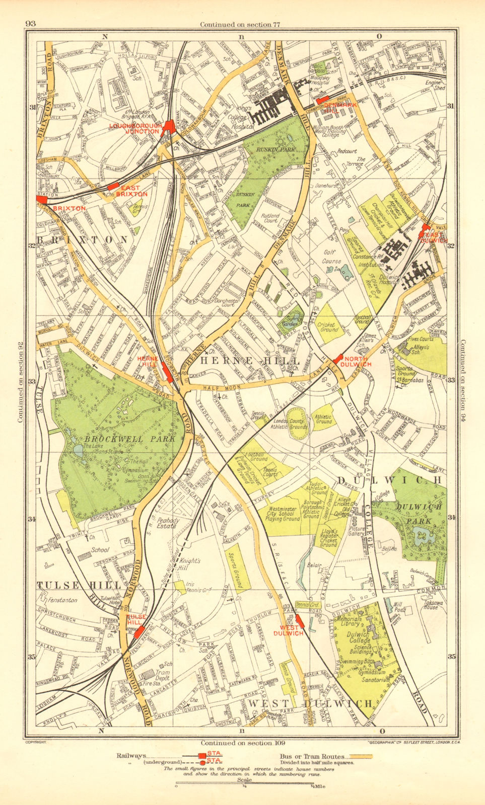 LONDON. Dulwich Herne Hill Tulse Hill Brixton Stockwell Denmark Hill 1937 map
