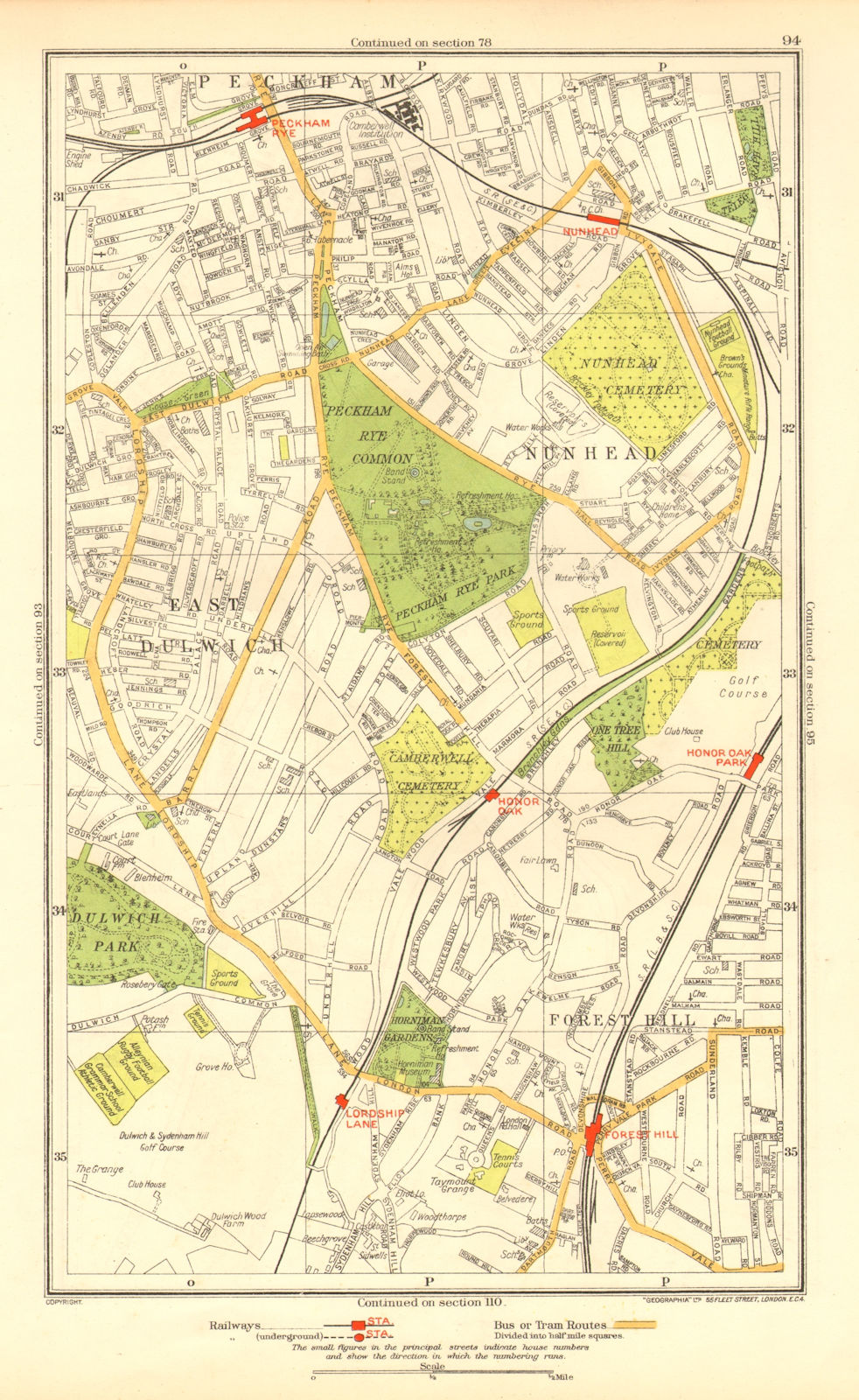LONDON. East Dulwich Forest Hill Nunhead Peckham Rye Honor Oak 1937 old map