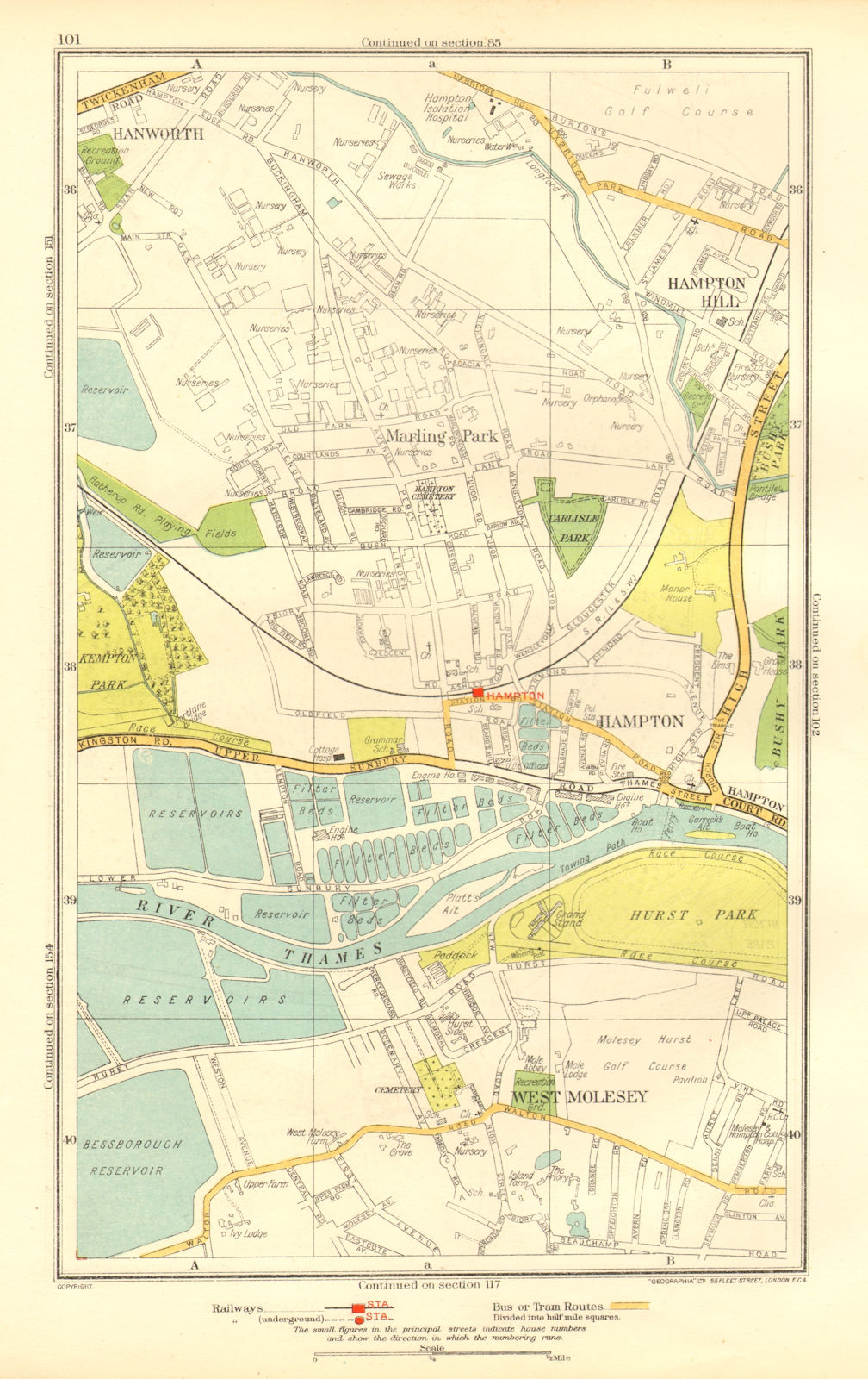 HAMPTON. Hampton Hill Marling Park West Molesey Hanworth Hurst Park 1937 map