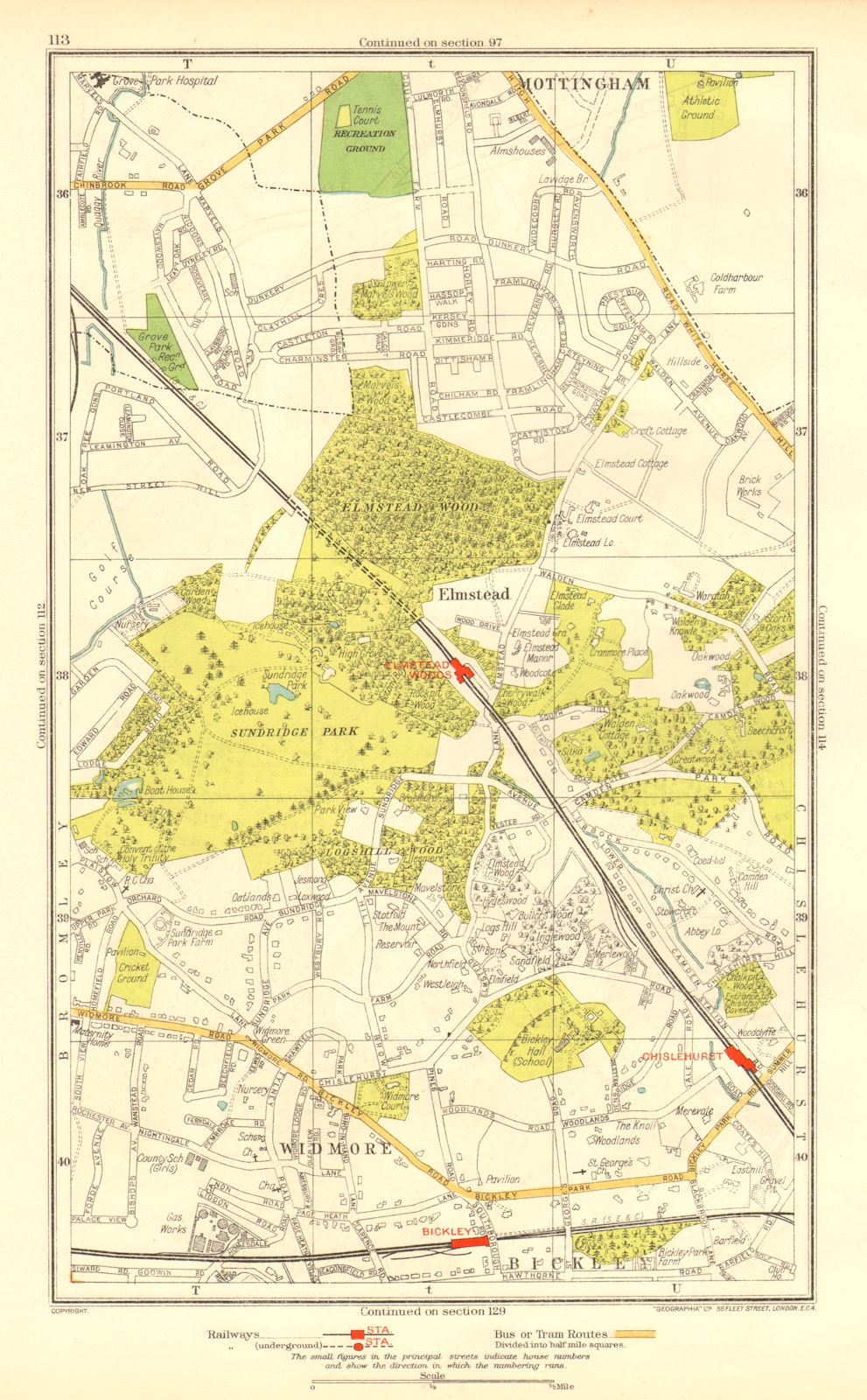 Associate Product LONDON. Bickley Elmstead Widmore Mottingham Chislehurst Chalkpit Wood 1937 map