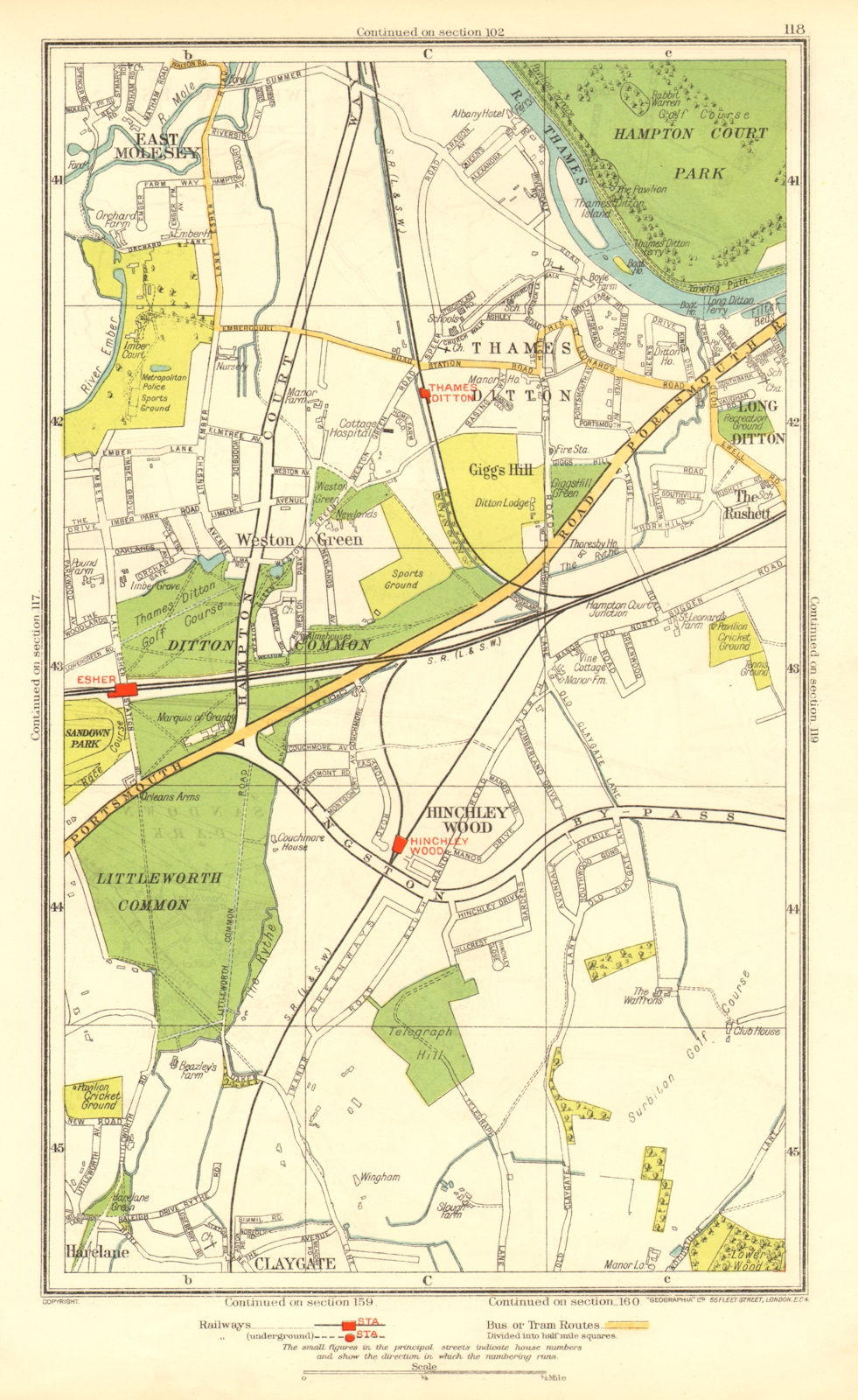 THAMES DITTON / LONG DITTON. Esher East Molesey Claygate Harelane 1937 old map